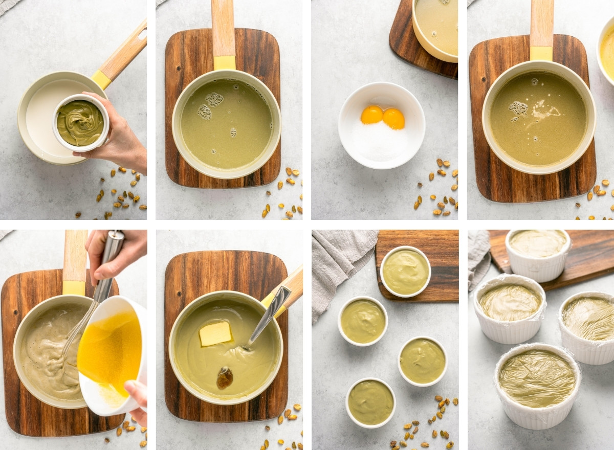 These are pictures of what each step in the recipe making process should look like

Mix ¼ cup milk with cornstarch. Set it aside.

In a saucepan over medium heat, warm the remaining milk, heavy cream, and pistachio spread, whisking until it is fully combined and smooth. Bring it to a gentle simmer, but don’t let it boil.

In a separate bowl, whisk together the sugar and egg yolks.

Add the cornstarch mixture to the warm milk. Then, temper the yolks by adding a few spoonfuls of the warm milk before whisking them into the saucepan.

Cook over medium-low heat, whisking constantly, until thickened (about 5 minutes). Once it reaches a pudding consistency, remove it from the heat.

Stir in vanilla extract and butter. Pour into 4 ramekins, cover with plastic wrap (press directly onto the surface), and refrigerate for at least 2 hours.

Garnish with chopped pistachios and serve chilled.