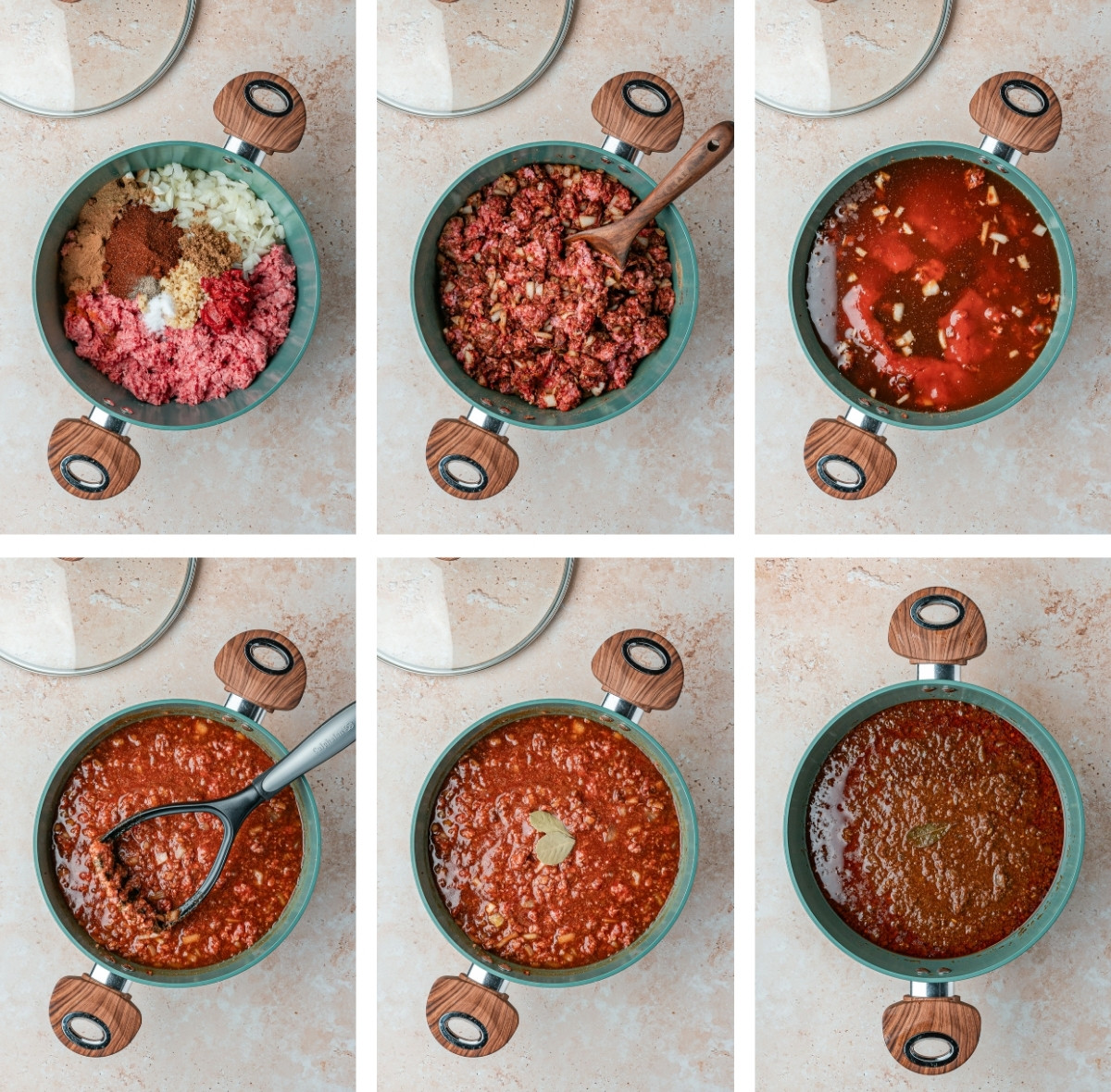 This picture shows the stages of creting the chili.

In a large pot or Dutch oven, add the ground beef, chopped onion, and minced garlic.  

Add the tomato paste, mixing well with the beef and onion.  

Stir in the chili powder, cocoa powder, cinnamon, cumin, allspice, ground cloves, brown sugar, cayenne pepper, salt and black pepper.  

Toss in the 2 bay leaves.  

Stir in the vinegar, Worcestershire sauce, tomato sauce and beef broth until all ingredients are well combined.  

Use a potato masher to break up any larger lumps of ground beef. This step helps achieve a smoother, more traditional Cincinnati chili consistency.  

Bring the mixture to a gentle boil, then reduce heat to low. Partially cover the pot and simmer for 1½ to 2 hours, stirring occasionally.  

If the chili becomes too thick, add a bit more broth or water. If it’s too thin, simmer uncovered to reduce.  

After simmering, taste and adjust seasoning with more salt, pepper, or spices if needed.