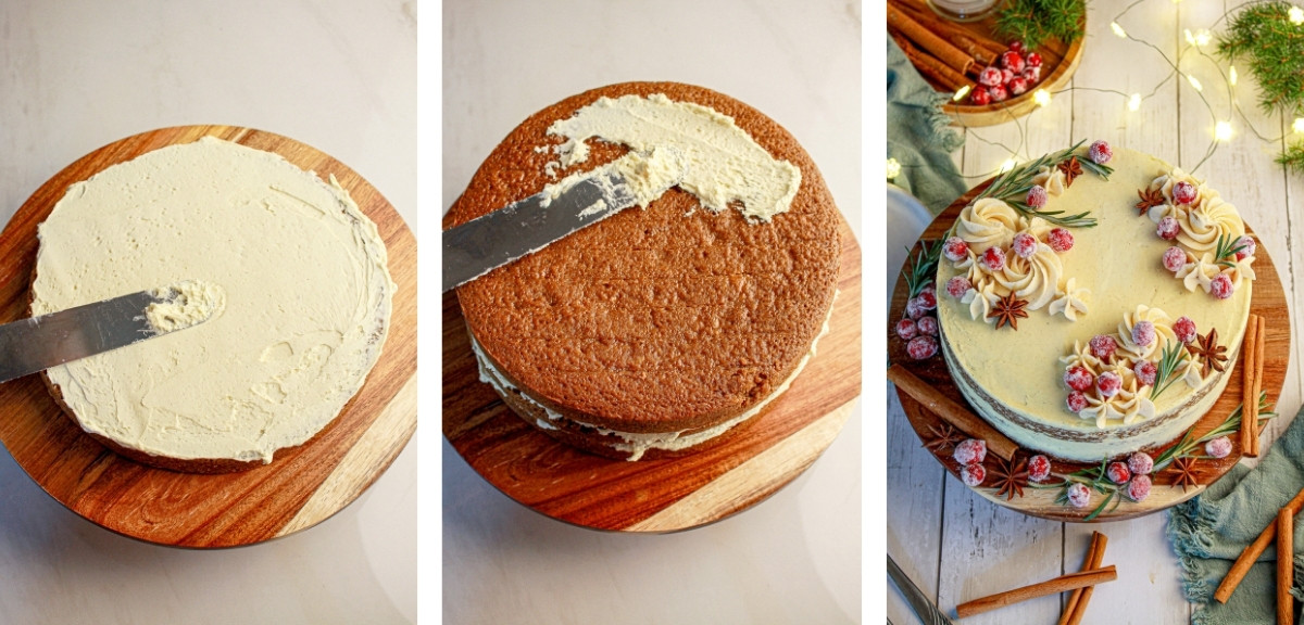 The three stages of creating the cake.  Finished with eggnog frosting rosetts and rosemary as a garnishment.