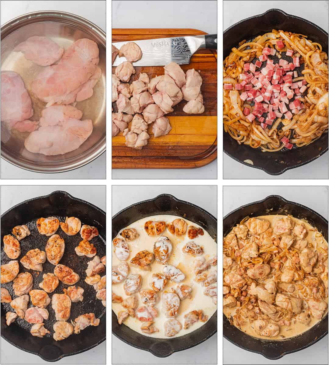 This picture has all the visual steps of what the recipe looks like from step 1 in the instructions list until the final instruction.