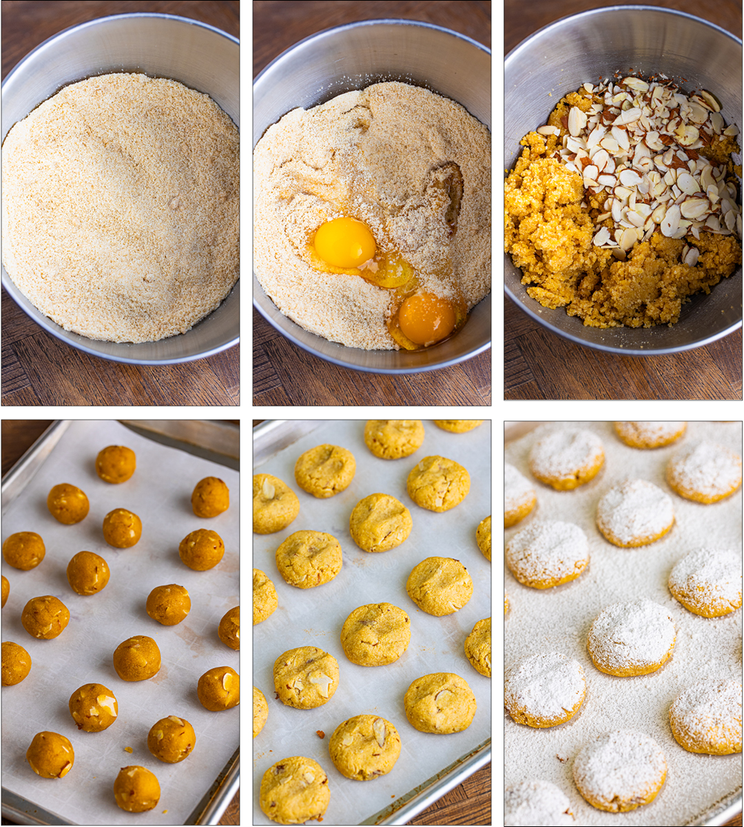 This is a picture of every step of the recipe process visually
Preheat the oven to 350°F. Line sheet trays with parchment paper and set aside.
Place the almond meal and brown sugar in the body of a stand mixer with the paddle attachment. Stir to combine.
Add the eggs, almond extract, and vanilla, stir to combine until a dough forms, scrape the sides as needed.
Stir in the sliced almonds.
Roll the dough into 1.5 tablespoon-sized dough balls.
Place on the sheet tray about 2 inches apart.
Use your hands to gently press down the tops.
Bake for 12-14 minutes until the tops are no longer glossy and they are lightly golden around the edges.
Allow to cool completely on the sheet tray.
Generously dust with powdered sugar, serve.