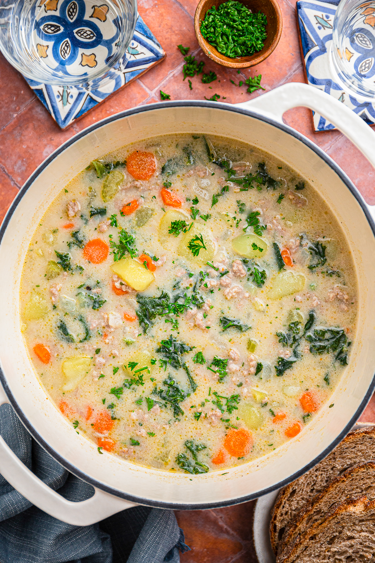 When I married Jeremy, I found that this man can (and will) rate every bowl of soup on a secret five-star system.
Enter the Kale Potato and Sausage Soup.