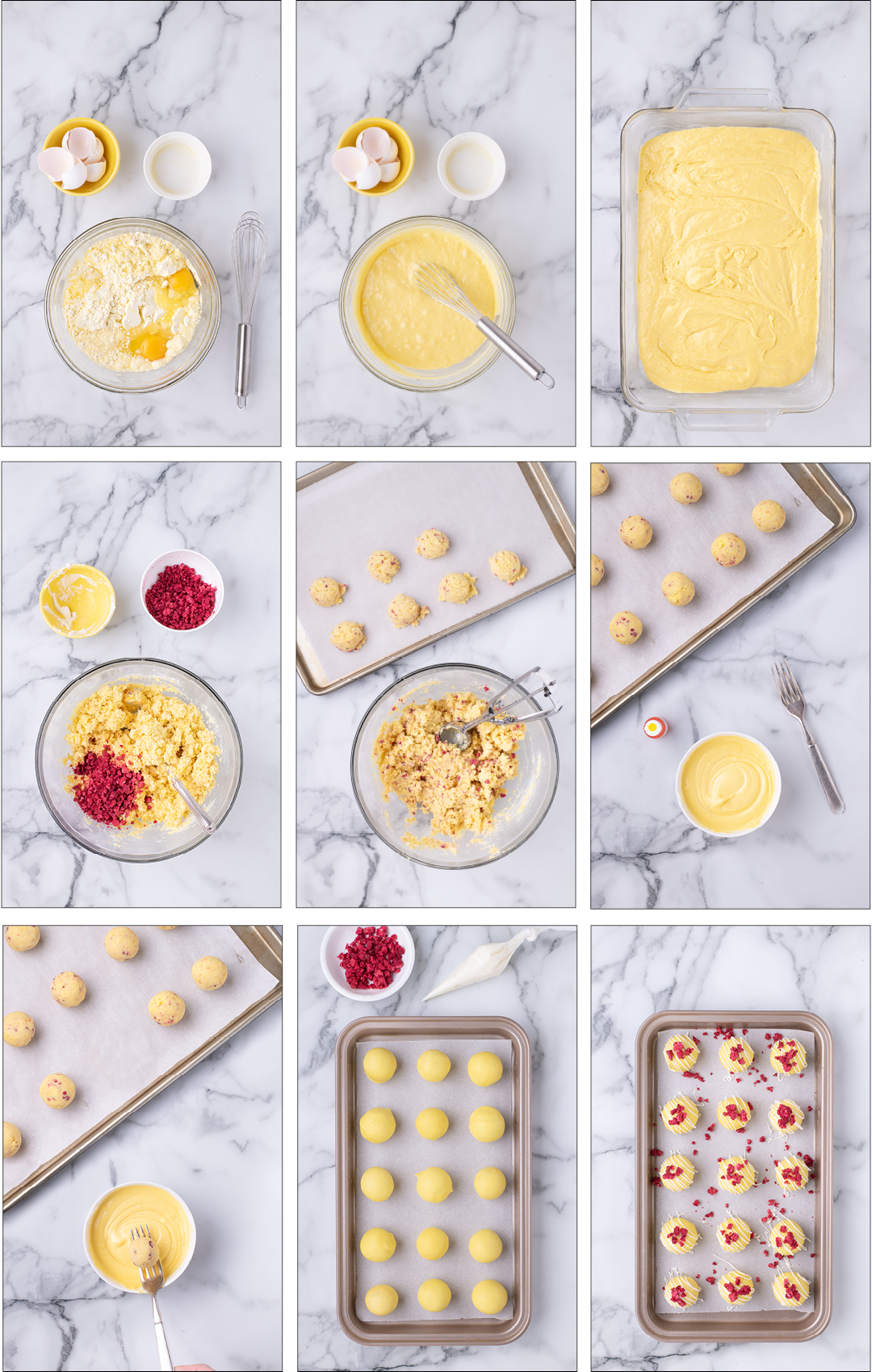 Step-by-step lemon raspberry cake balls recipe showing mixing batter, rolling cake balls, dipping in chocolate and topping with raspberries.