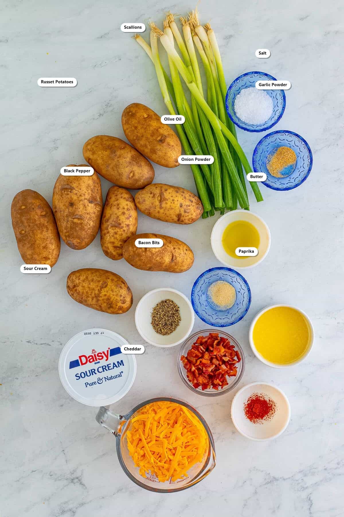 Labeled ingredients for Loaded Potato Skins Recipe including russet potatoes, scallions, salt, garlic powder, olive oil, onion powder, black pepper, butter, sour cream, bacon bits, paprika, and cheddar.