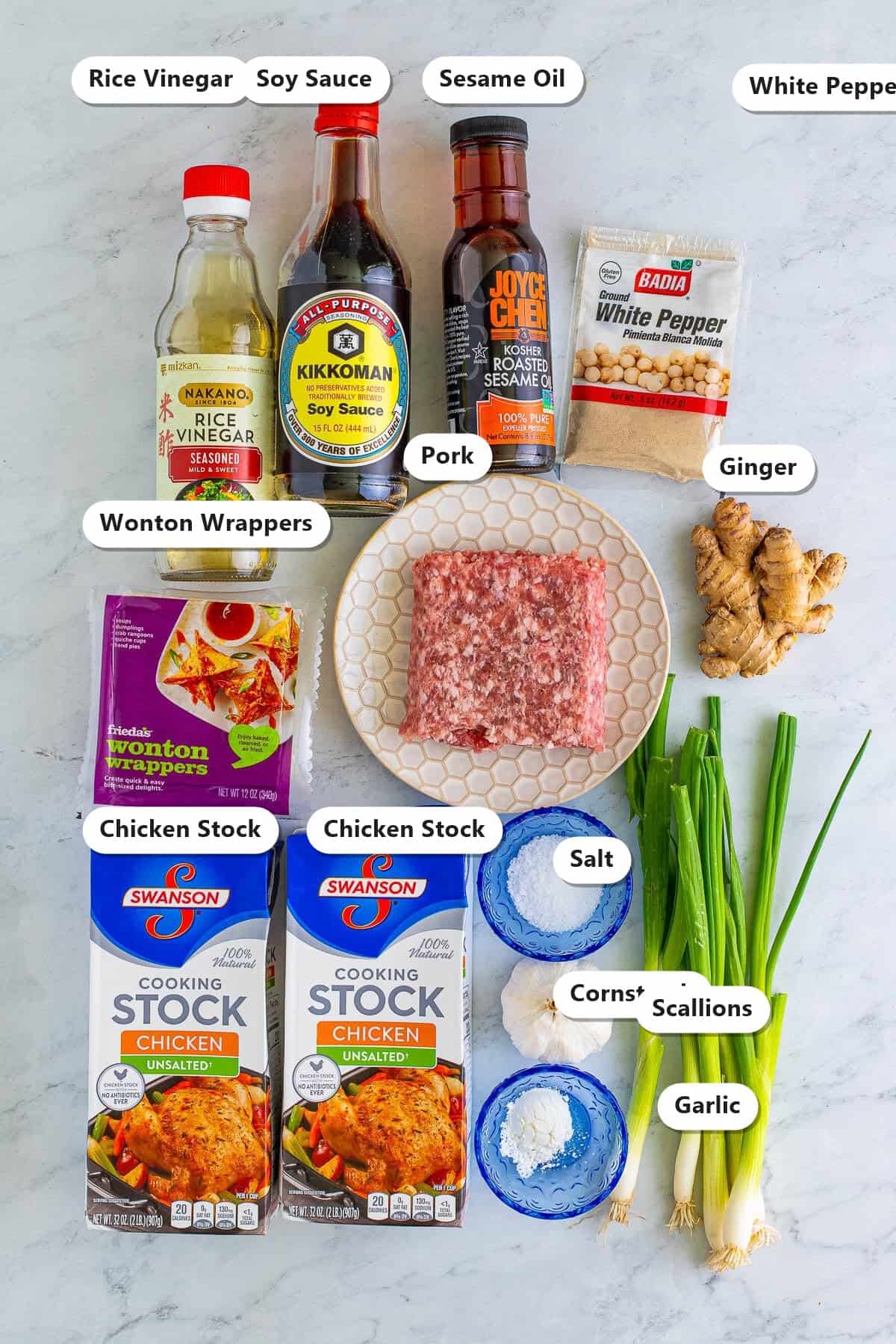 Labeled ingredients for Easy Homemade Wonton Soup Recipe including rice vinegar, soy sauce, sesame oil, white pepper, ground pork, wonton wrappers, fresh ginger, chicken stock, scallions, garlic, salt, and cornstarch.