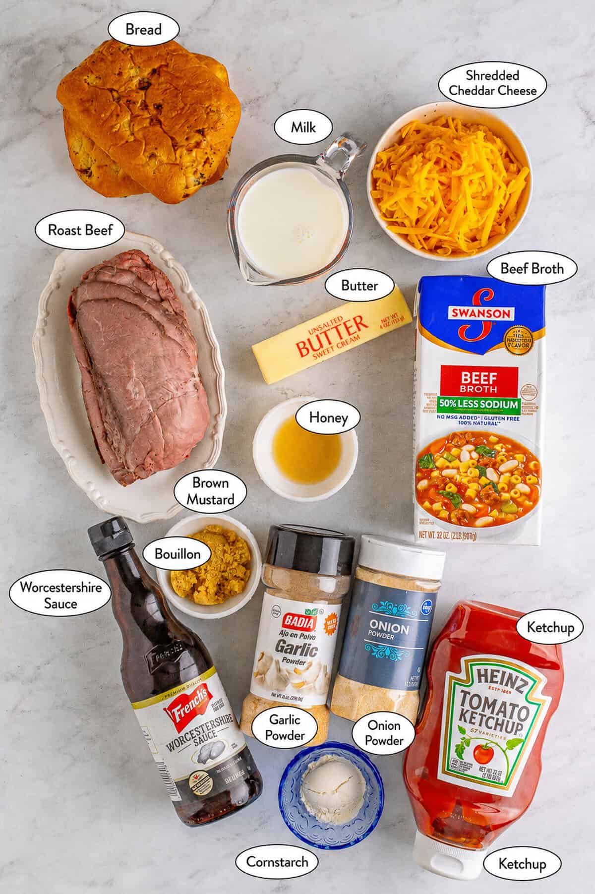 Labeled Arbys beef and cheddar sandwich ingredients including roast beef, bread, shredded cheddar cheese, milk, butter, beef broth, ketchup, Worcestershire sauce, brown mustard, garlic powder, onion powder, bouillon, and cornstarch.