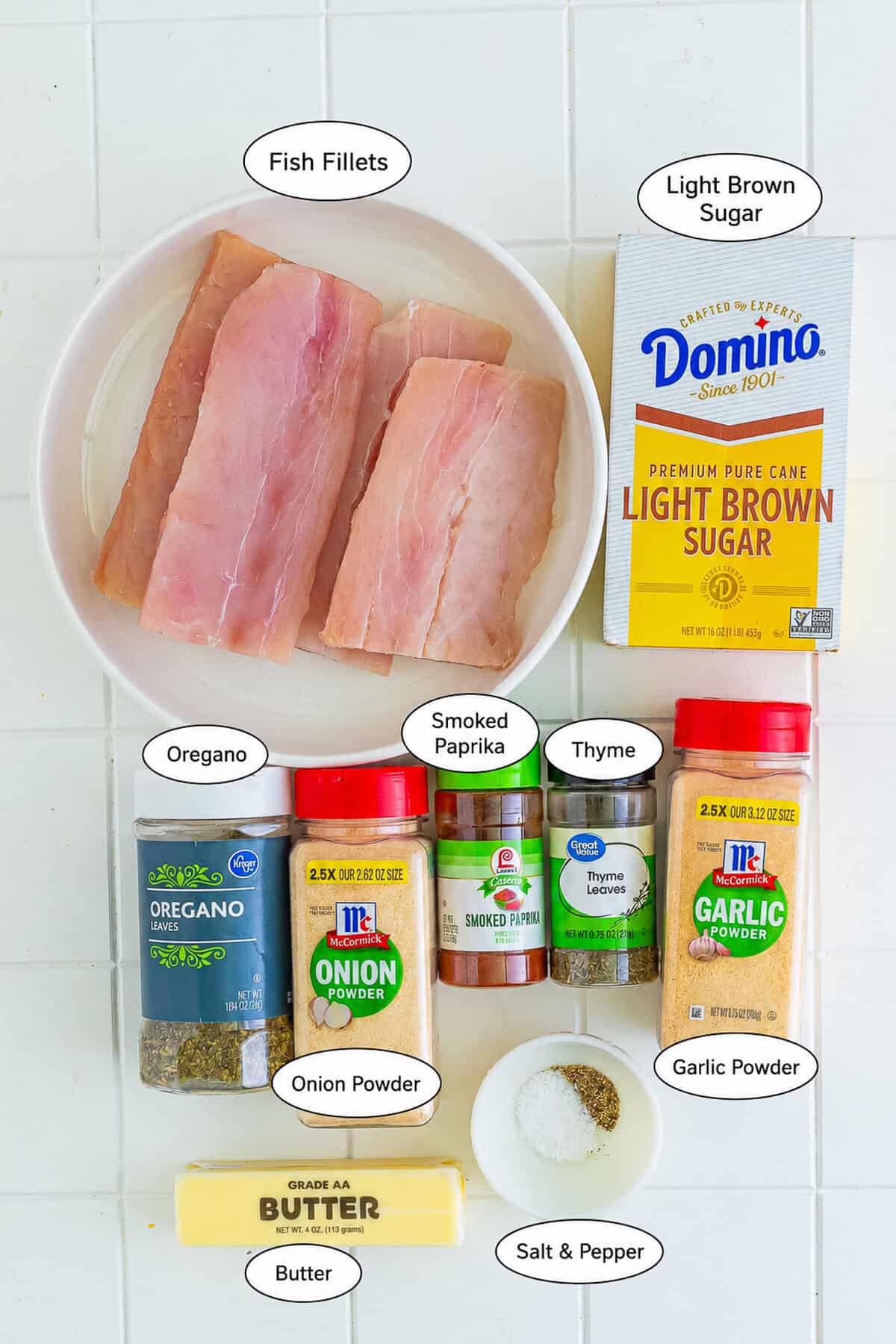 Mahi Mahi Recipe ingredients labeled including mahi mahi fillets, butter, smoked paprika, garlic powder, salt, onion powder, brown sugar, oregano, thyme, and pepper.