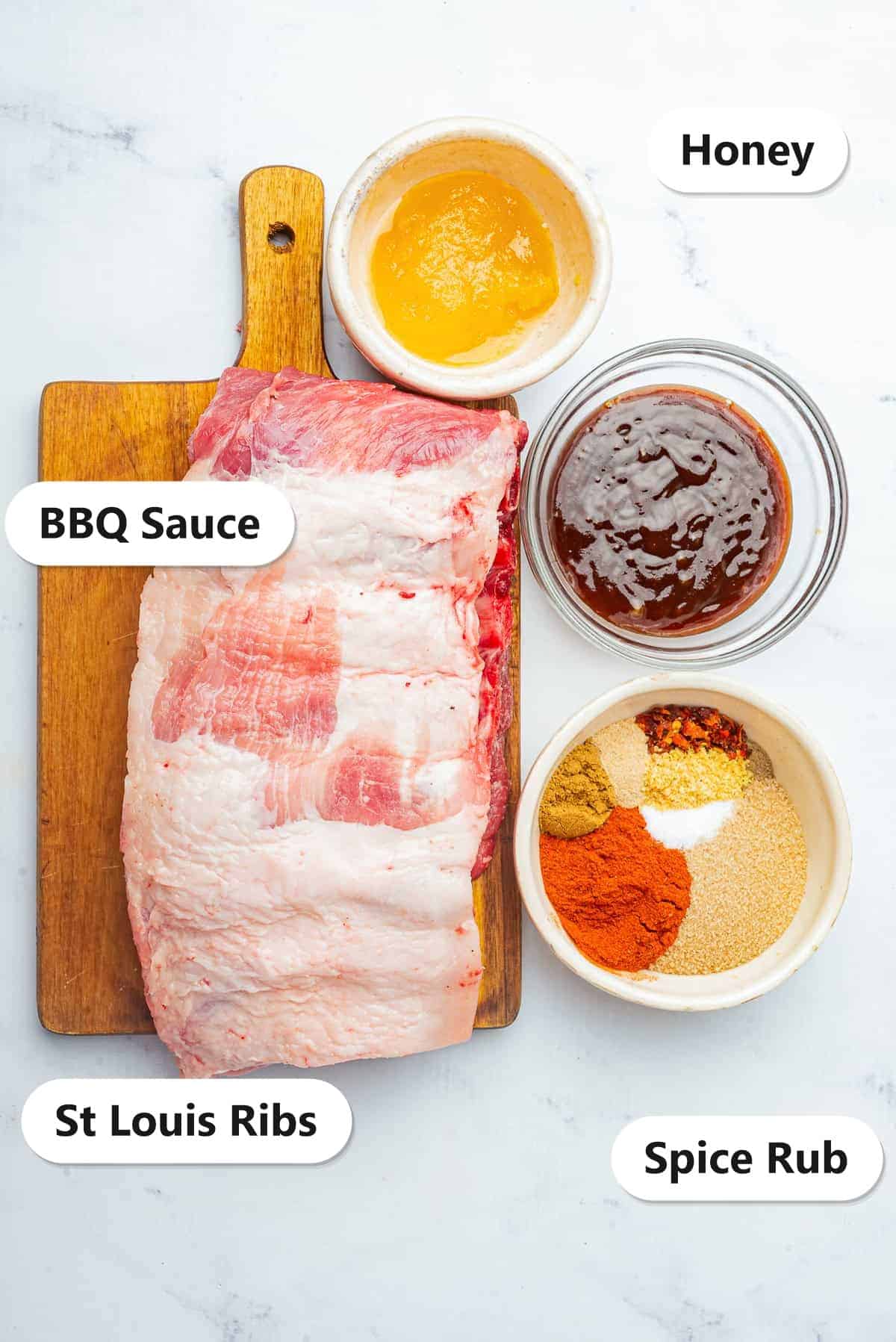 Labeled ingredients flat lay for Best Oven St Louis Ribs Recipe showing St Louis Ribs, Honey, BBQ Sauce, and Spice Rub.
