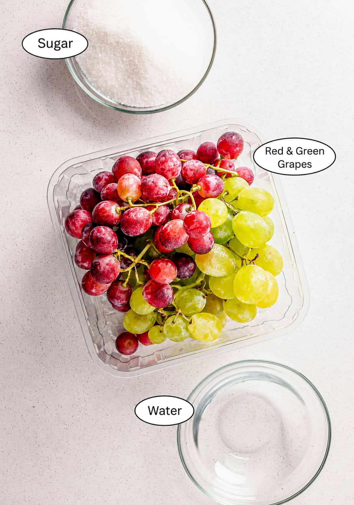 Candied Grapes ingredients labeled including seedless grapes, granulated sugar, and water.