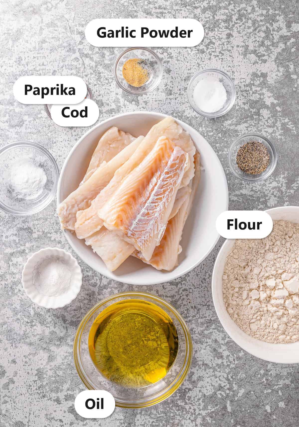 Labeled ingredients for Copycat Captain D Crunchy Battered Fish including cod, flour, oil, paprika, and garlic powder.