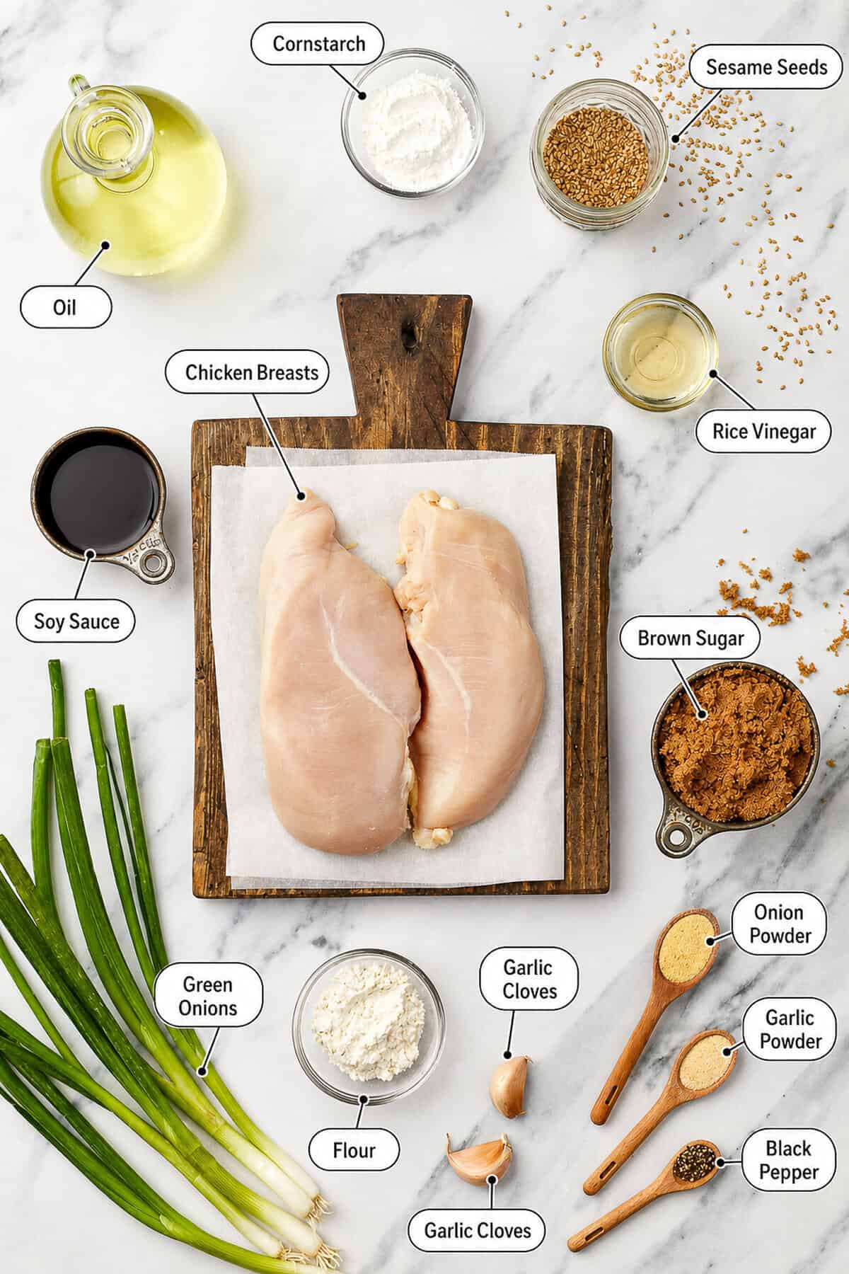 Labeled flat lay of Chinese Chicken ingredients on marble, including raw chicken breasts, soy sauce, brown sugar, garlic cloves, cornstarch, and green onions.
