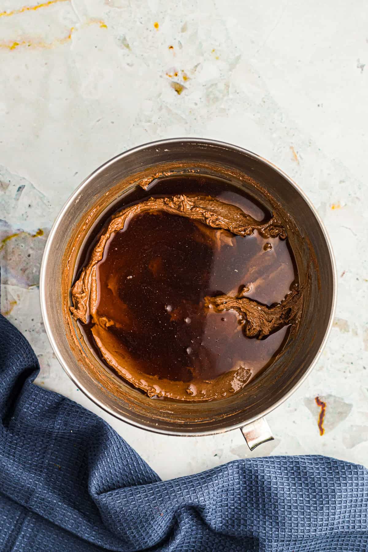 Brewed espresso poured into the Chocolate Espresso Cake batter for a deep cocoa flavor.