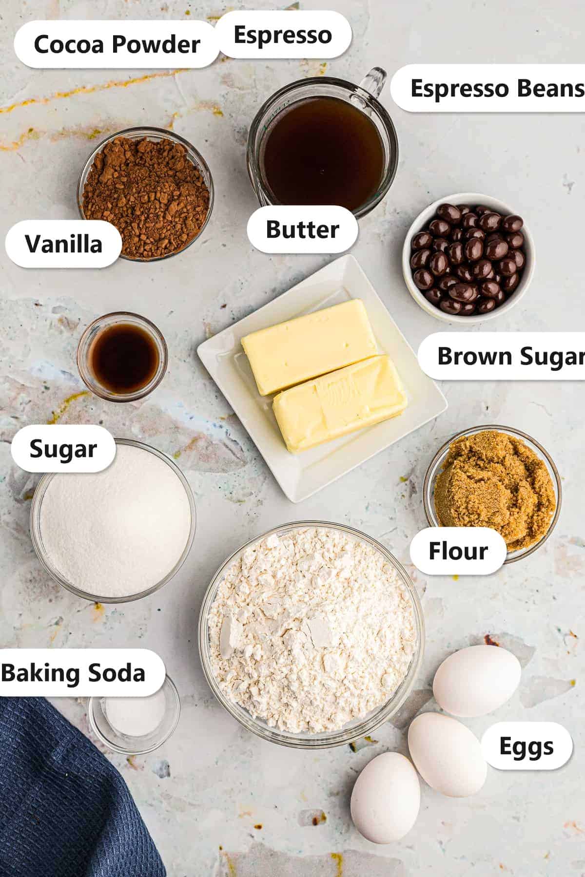 Labeled raw ingredients for Chocolate Espresso Cake including cocoa powder, espresso, espresso beans, vanilla, butter, brown sugar, sugar, flour, baking soda, and eggs.