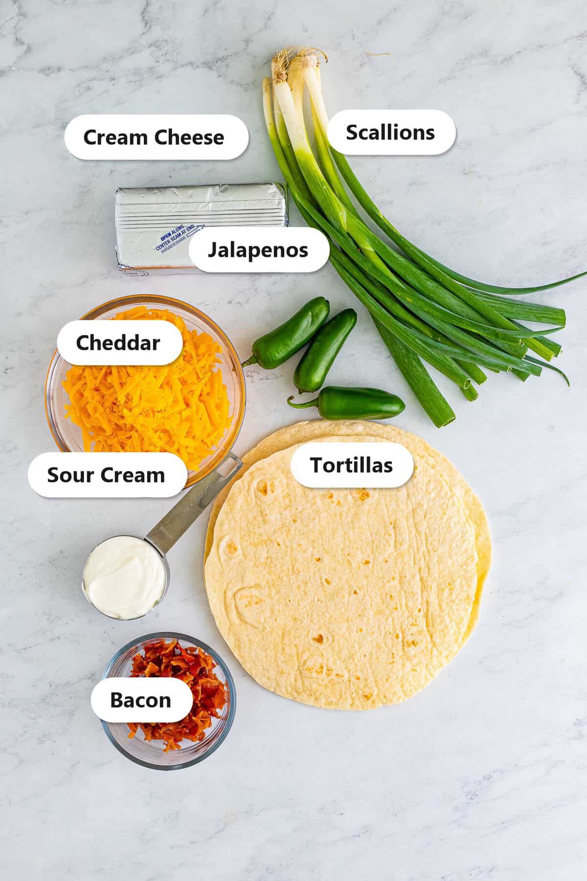 Labeled ingredients for Easy Cream Cheese Pinwheels (Jalapeno Popper) including cream cheese, sour cream, sharp cheddar, bacon, jalapenos, scallions, and flour tortillas.