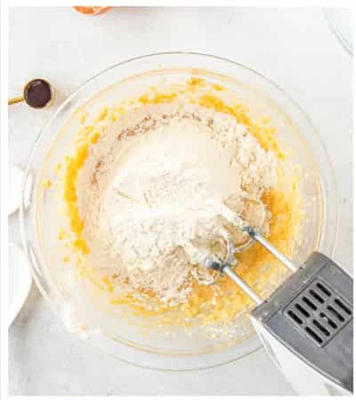 Flour mixture added to the wet ingredients for the dough.
