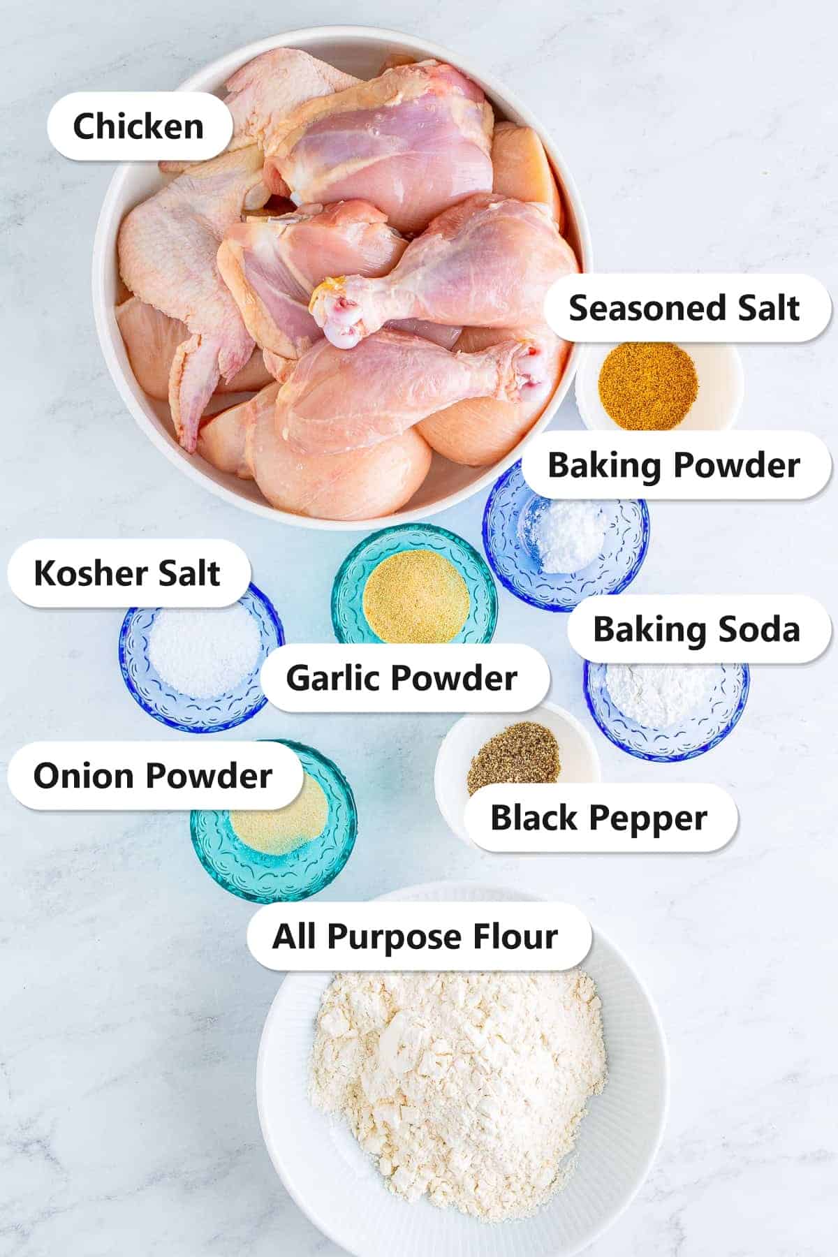 Labeled ingredients to make Grandma's Crispy Fried Chicken Recipe including chicken seasoned salt baking powder baking soda kosher salt garlic powder onion powder black pepper and all purpose flour.