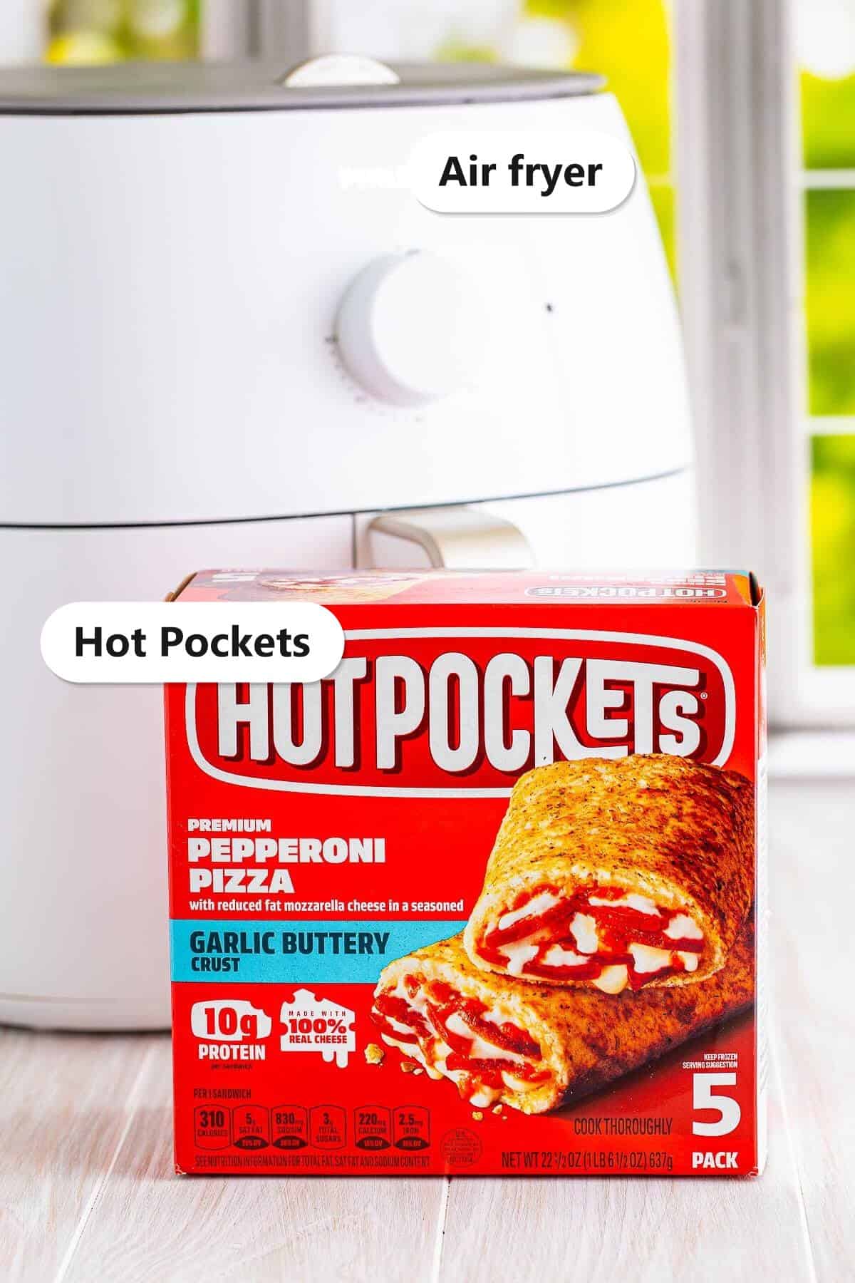Labeled hot pocket air fryer ingredients showing the air fryer and a box of pepperoni pizza Hot Pockets.