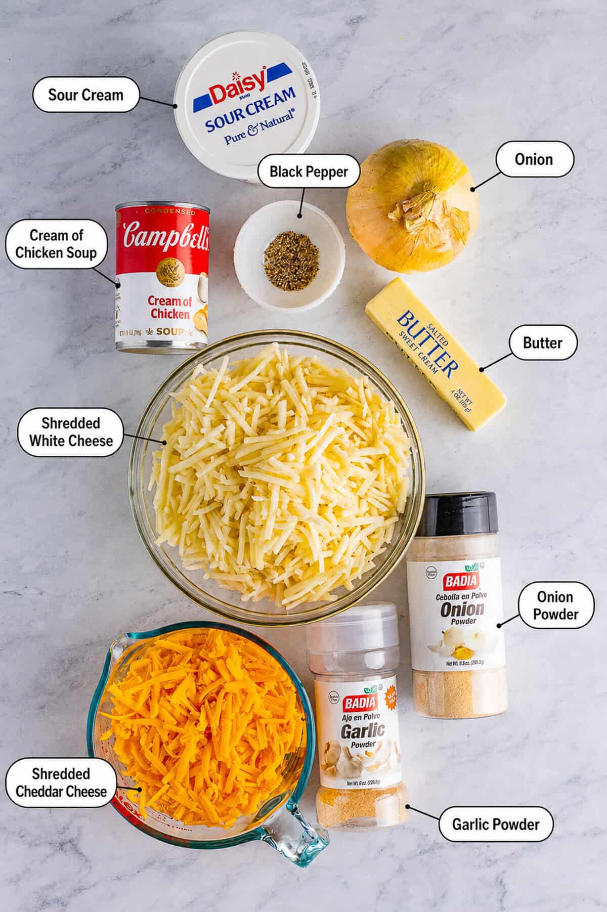 Cracker Barrel hashbrown casserole ingredients laid out on a counter.