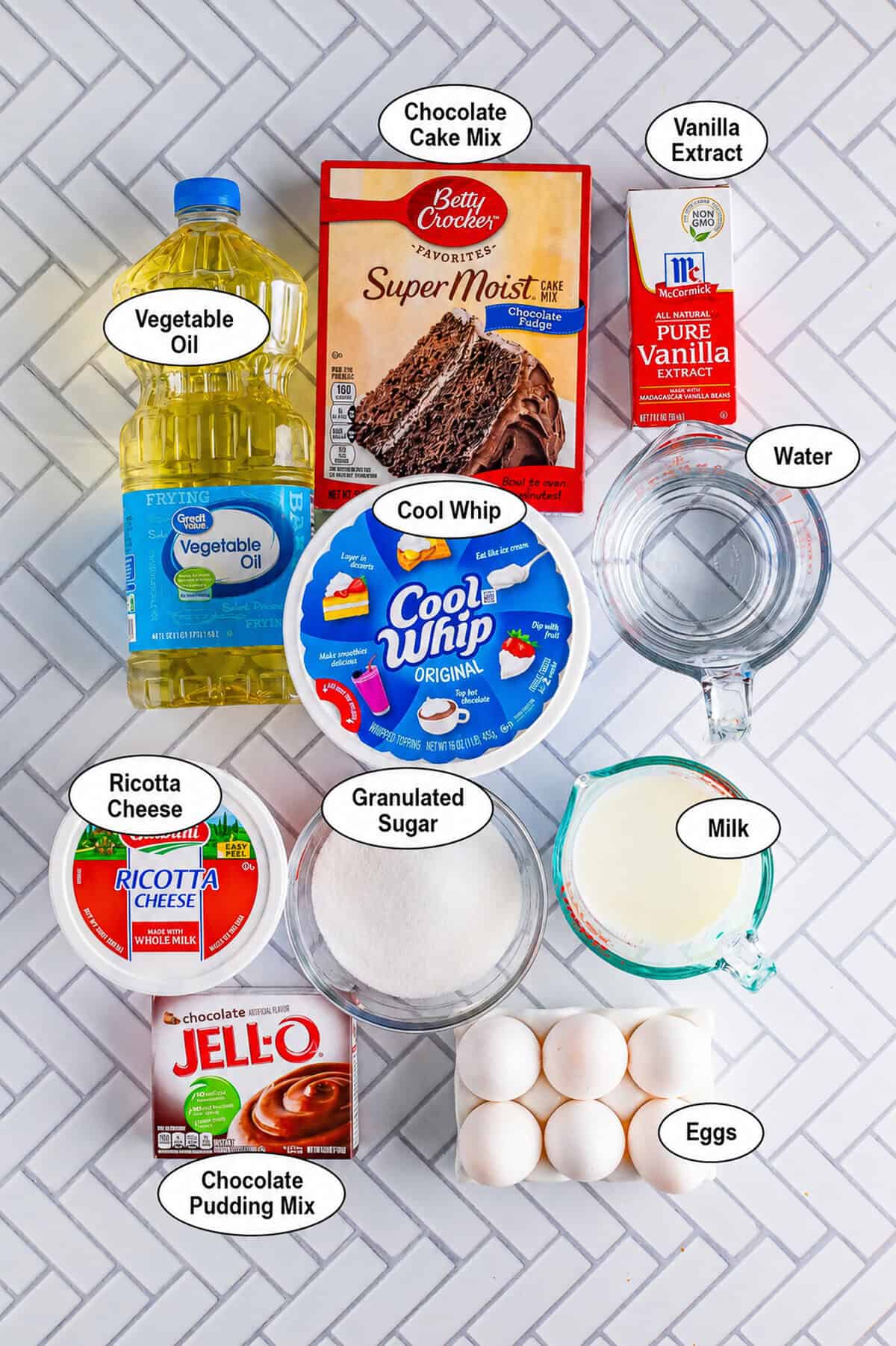 A picture of all the ingredients for the recipe labled for clear and concise execution of the recipe.