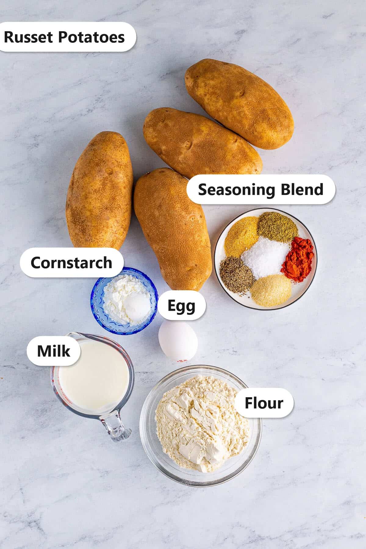 Labeled ingredients for KFC potato wedges including russet potatoes seasoning blend cornstarch egg milk and flour.