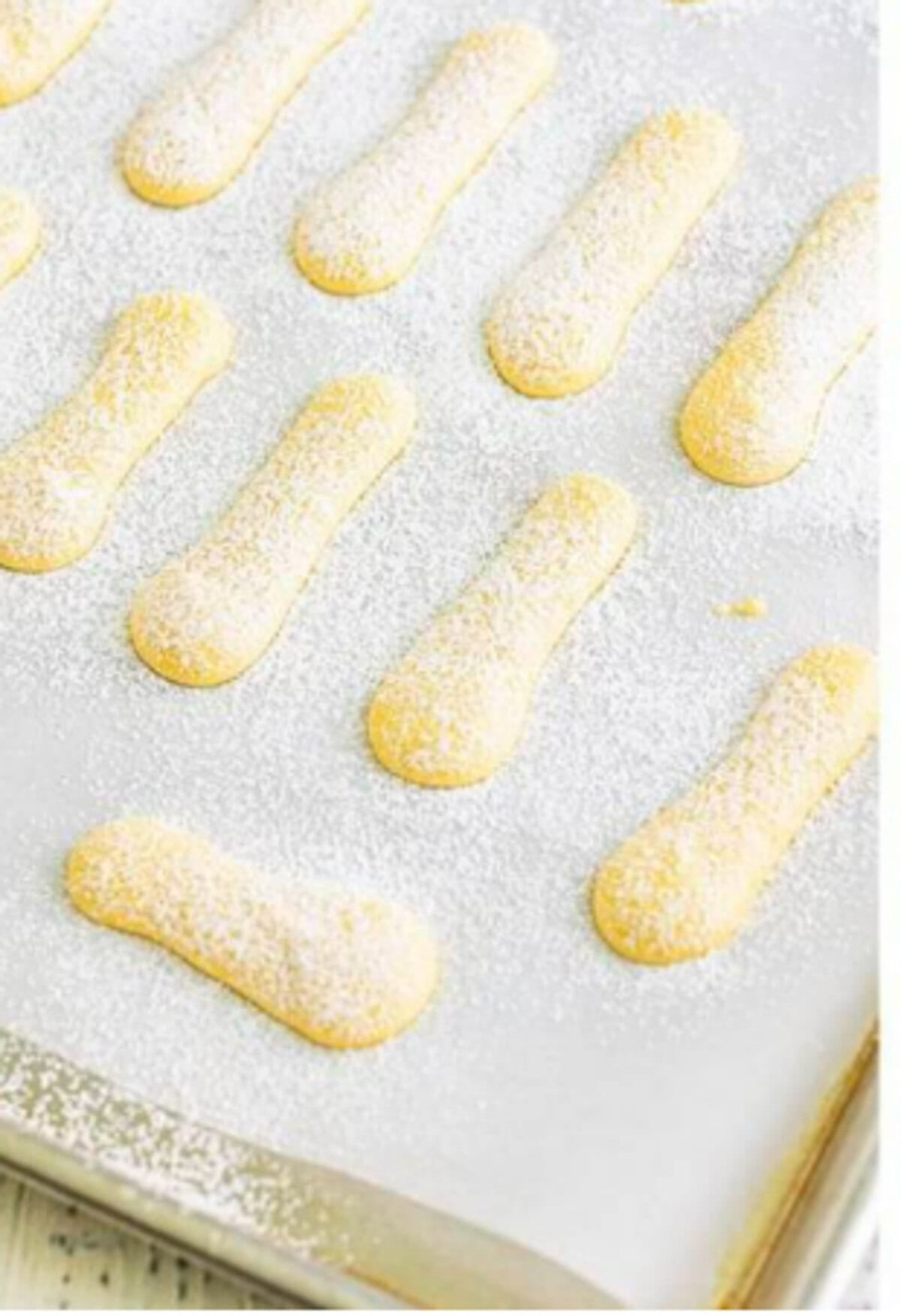 Lady Finger Cookies being piped from a piping bag with a half-inch tip onto parchment-lined sheet trays in 3-inch by half-inch logs for the Homemade Lady Finger Cookies Recipe.