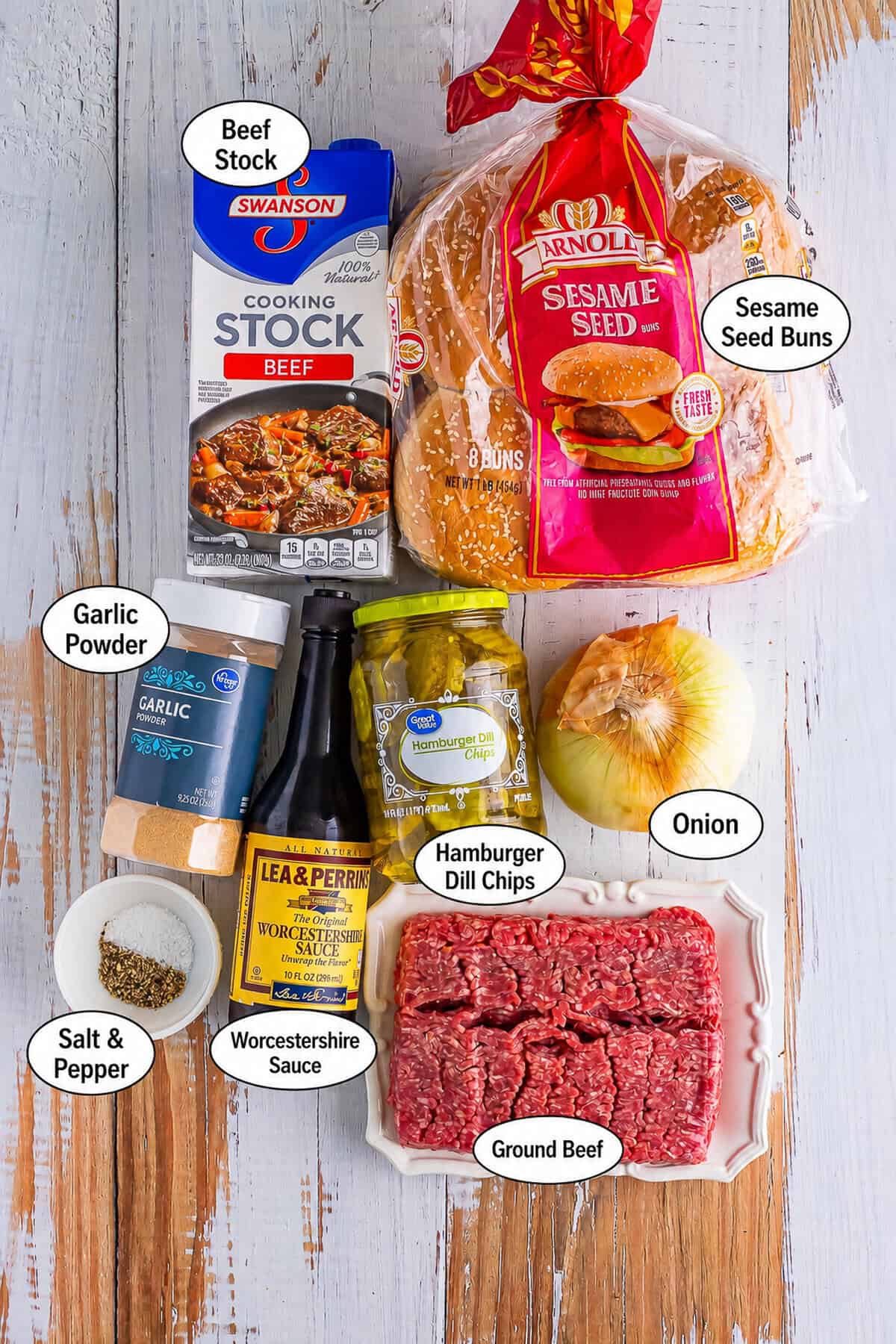 Maid Rite Recipe ingredients labeled including ground beef, sweet onion, beef stock, brown sugar, Worcestershire sauce, yellow mustard, garlic powder, salt, pepper, and burger buns.
