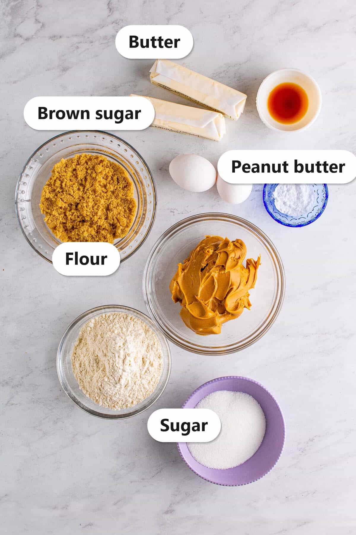 Labeled lunch lady peanut butter cookie ingredients including butter, peanut butter, brown sugar, flour, and sugar.