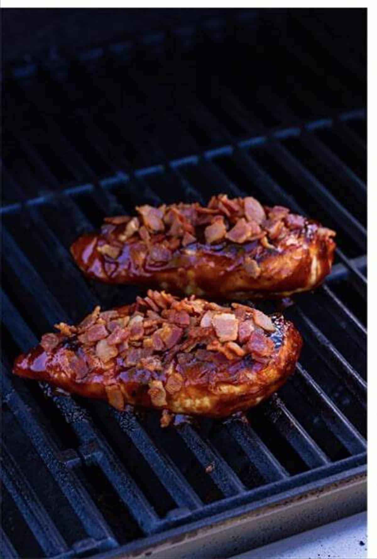 Crispy bacon placed on top of the BBQ chicken.