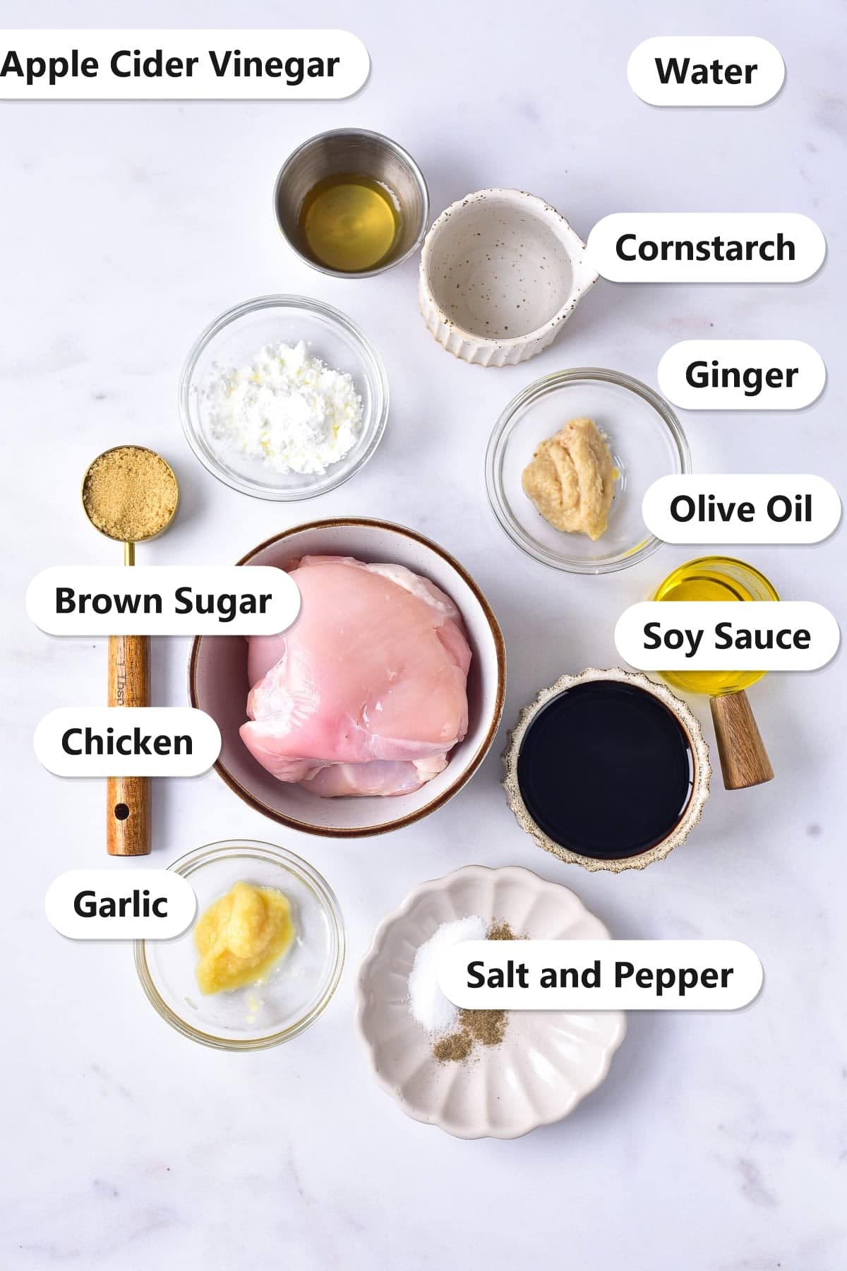 Labeled ingredients flat lay for Copycat Panda Express Teriyaki Chicken Recipe showing chicken thighs, apple cider vinegar, water, cornstarch, ginger, brown sugar, olive oil, soy sauce, garlic, and salt and pepper.