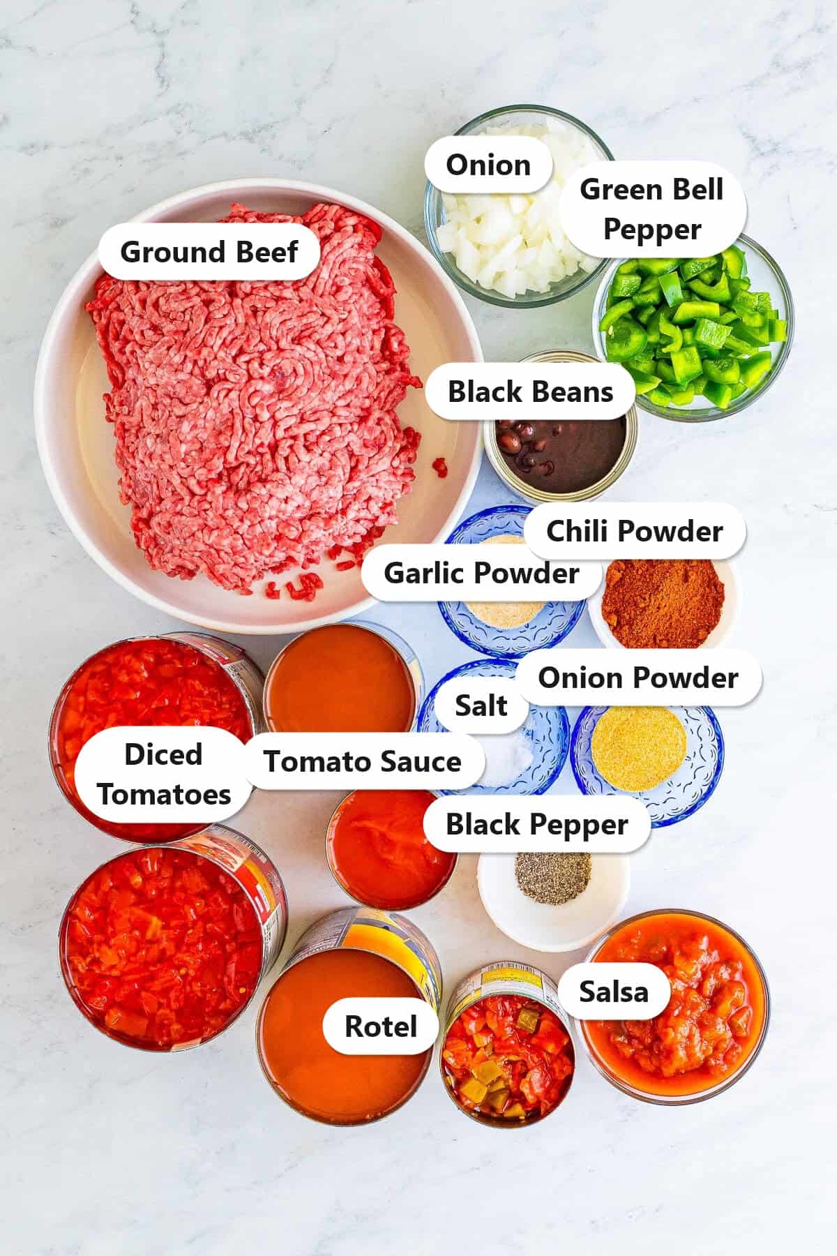 Labeled ingredients to make slow cooker award winning chili including ground beef, onion, green bell pepper, black beans, diced tomatoes, tomato sauce, rotel, salsa, and seasonings.