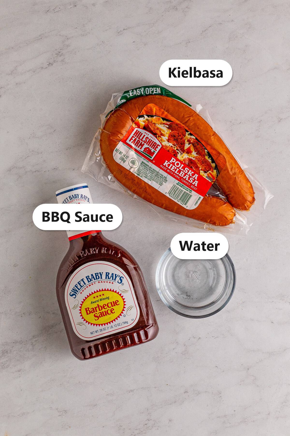Labeled ingredients for smoked kielbasa including Polska kielbasa, BBQ sauce, and water.