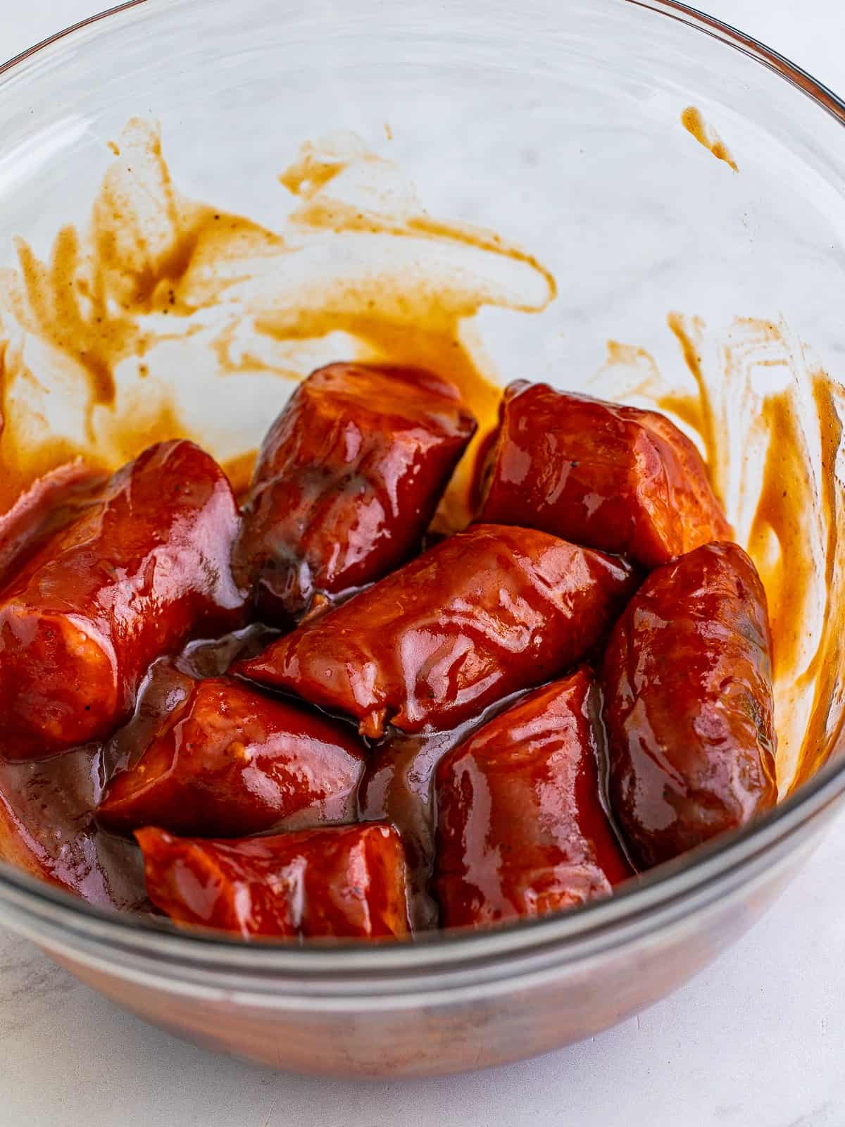 Smoked kielbasa pieces tossed in BBQ sauce.