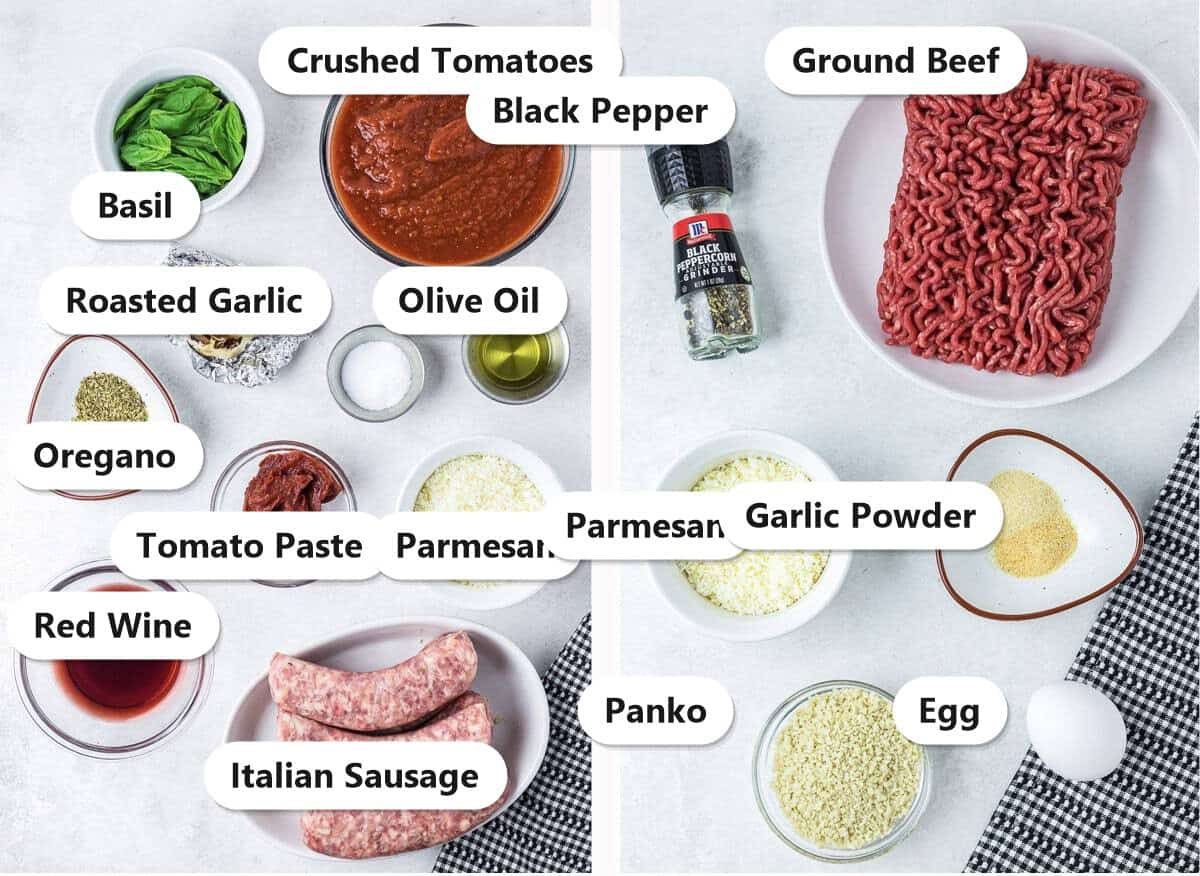 Spaghetti and Meatballs ingredients labeled including Italian sausage, crushed tomatoes, basil, roasted garlic, parmesan, ground beef, panko, and egg.