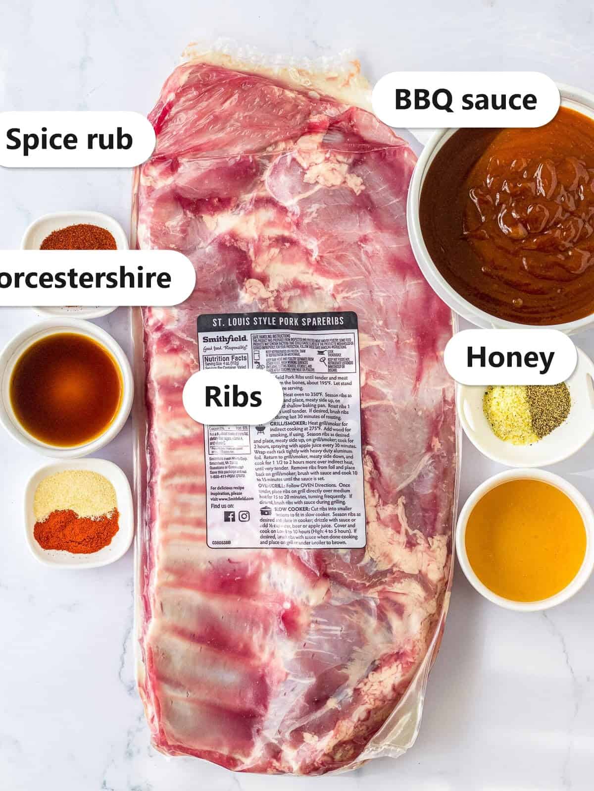Labeled St. Louis ribs slow cooker ingredients including ribs, BBQ sauce, honey, spice rub, and Worcestershire.