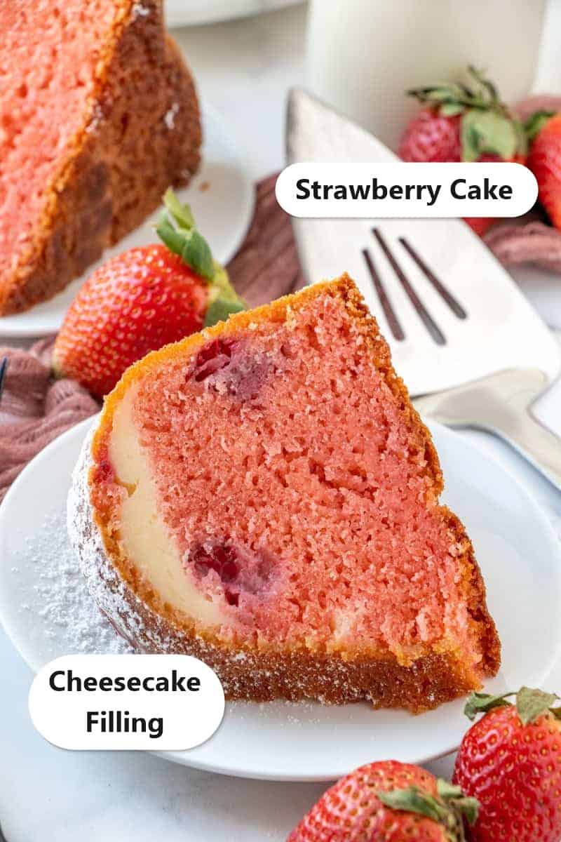 Labeled slice of Easy Strawberry Cheesecake Bundt Cake showing the Strawberry Cake outer layer surrounding the Cheesecake Filling visible in the cross-section.