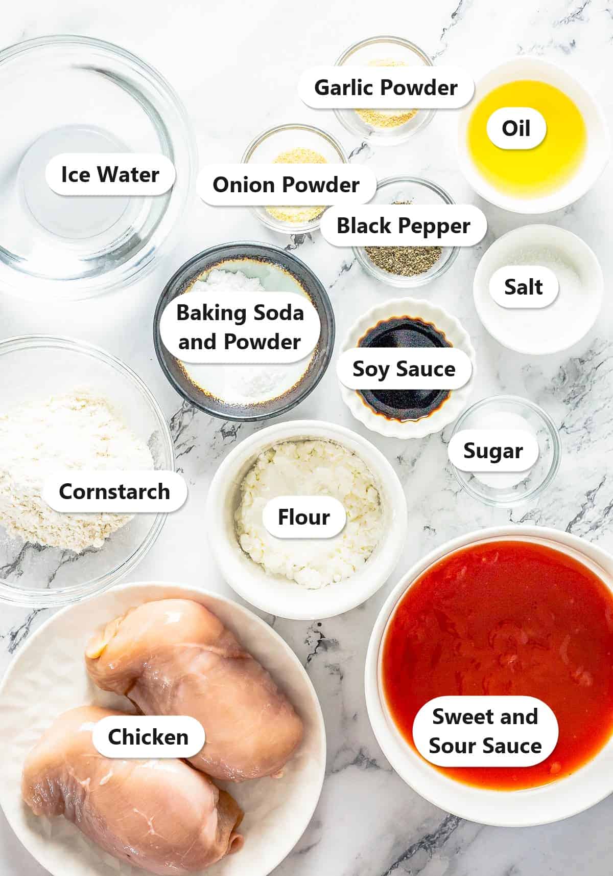 Labeled ingredients to make sweet and sour chicken including chicken, cornstarch, flour, egg, oil, soy sauce, seasonings, and sweet and sour sauce.
