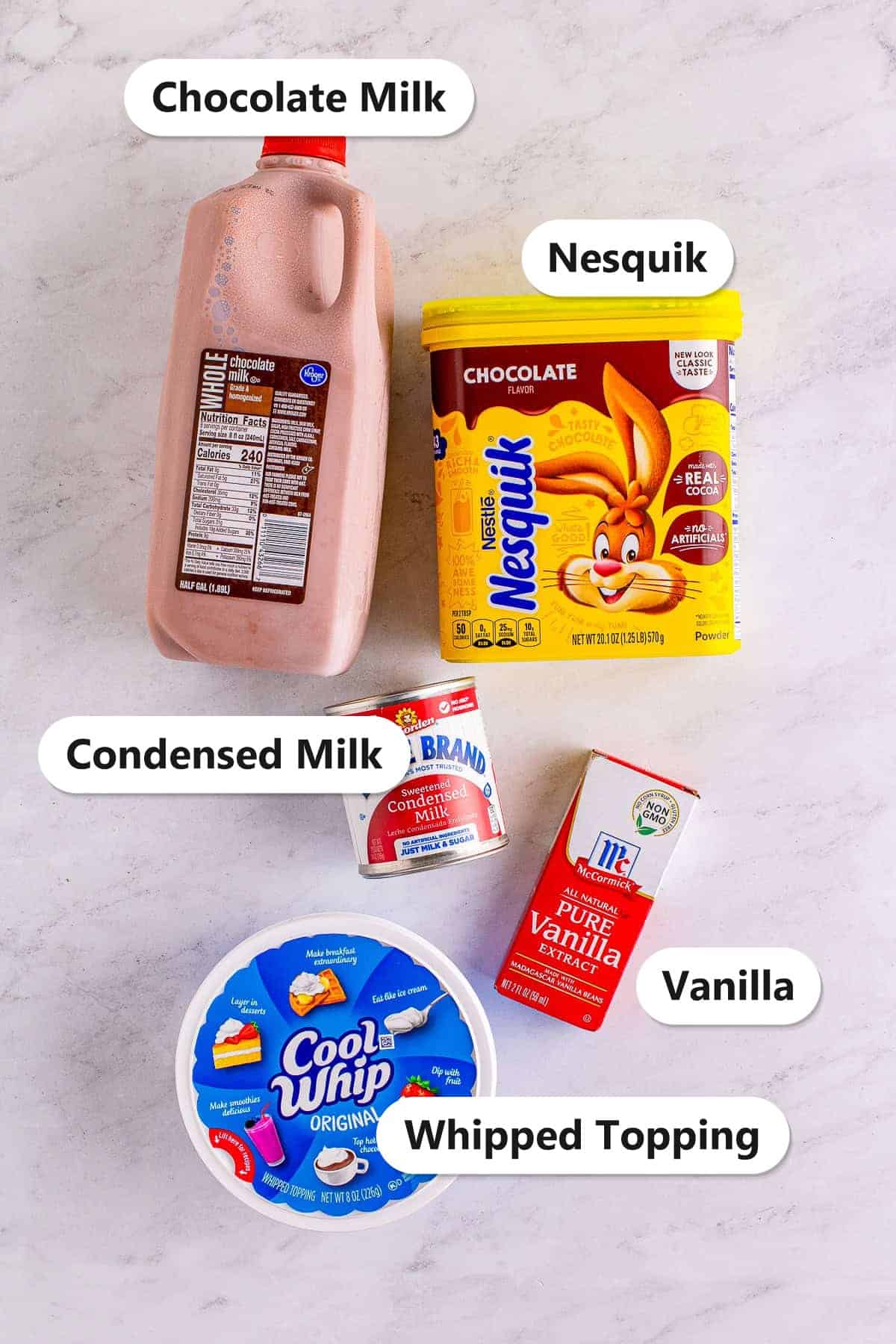 Labeled ingredients for Wendys Frosty including chocolate milk, Nesquik, sweetened condensed milk, vanilla, and Cool Whip whipped topping.