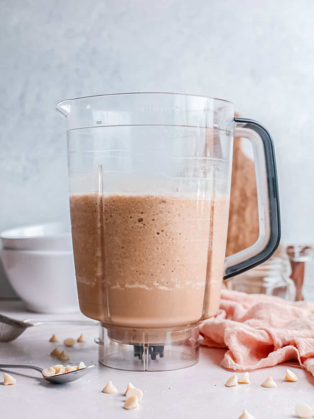 Creamy blended white chocolate mocha frappuccino in a blender.