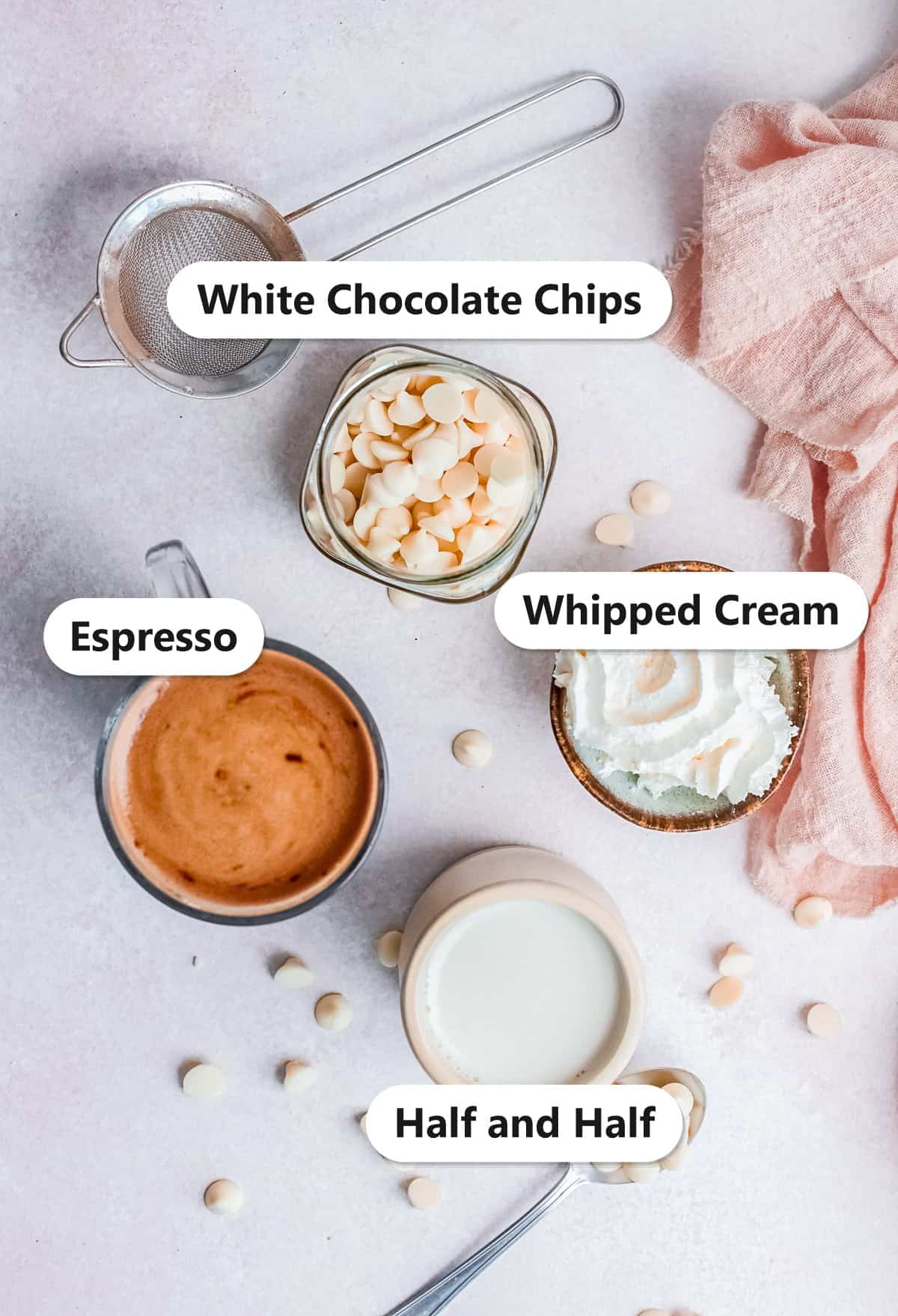 Labeled ingredients for a white chocolate mocha frappuccino including espresso, white chocolate chips, half and half, and whipped cream.