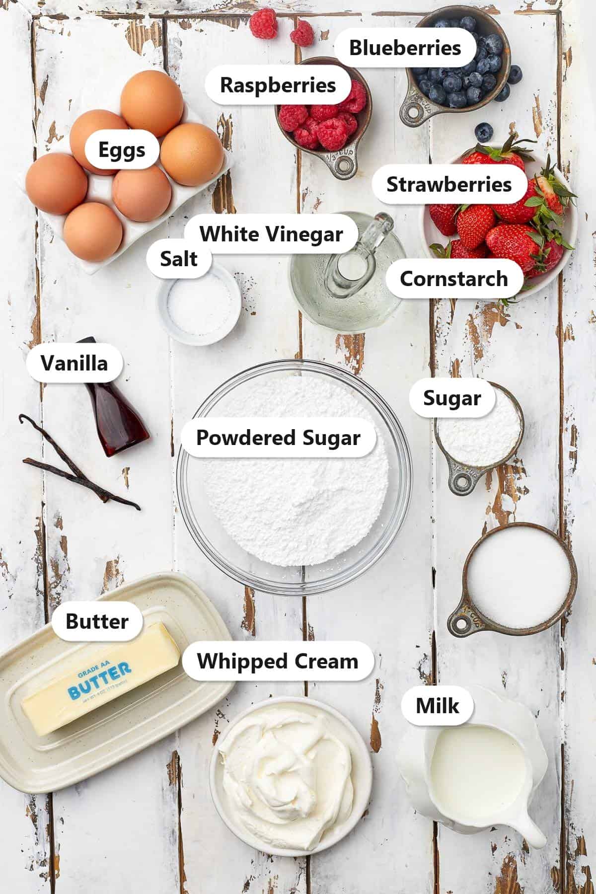 Ingredients to make a Pavlova Recipe labeled on a white wood surface including eggs, berries, powdered sugar, cornstarch, vinegar, butter, milk, and whipped cream.