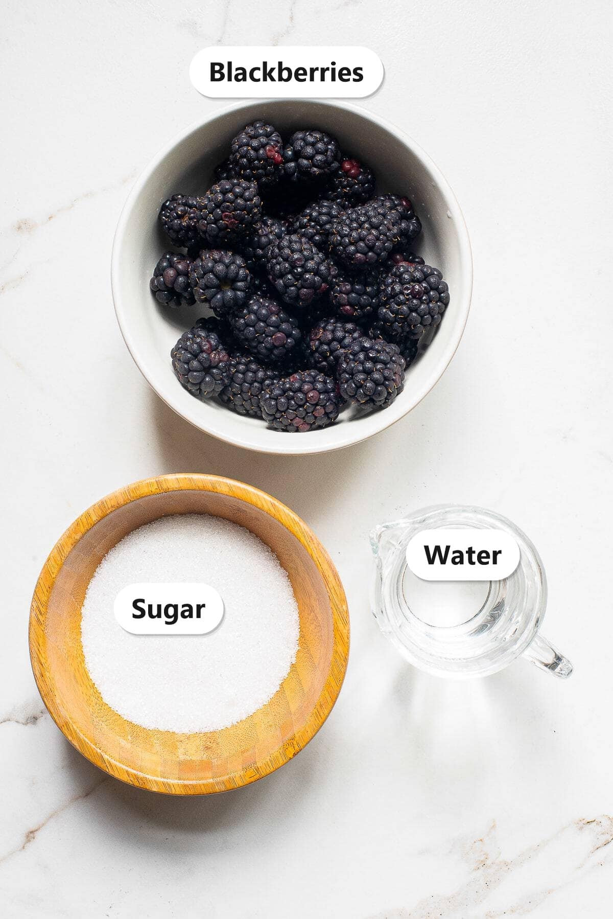 Ingredients to make Blackberry Sauce labeled including fresh blackberries, sugar, and water.