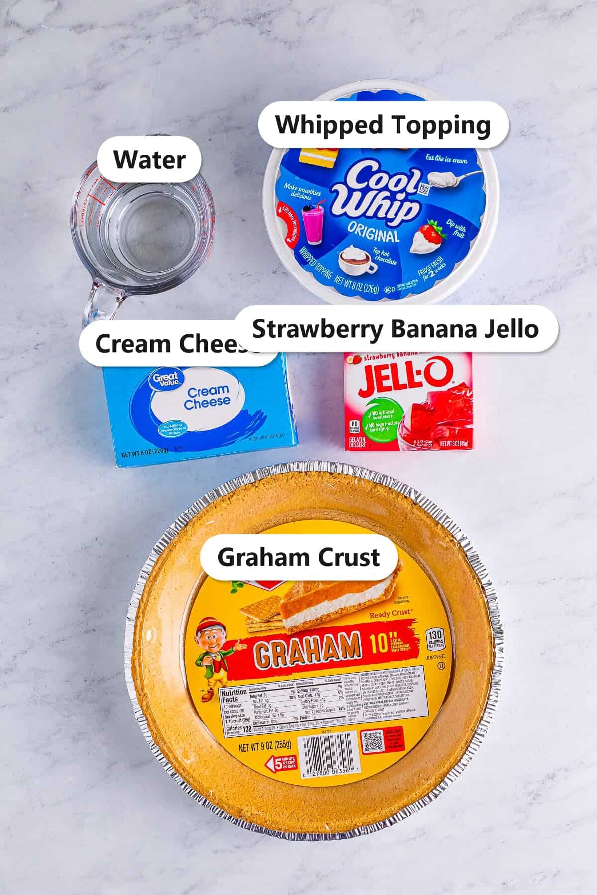 Labeled ingredients for strawberry banana jello pie including strawberry banana jello, cream cheese, whipped topping, water, and a graham cracker crust.