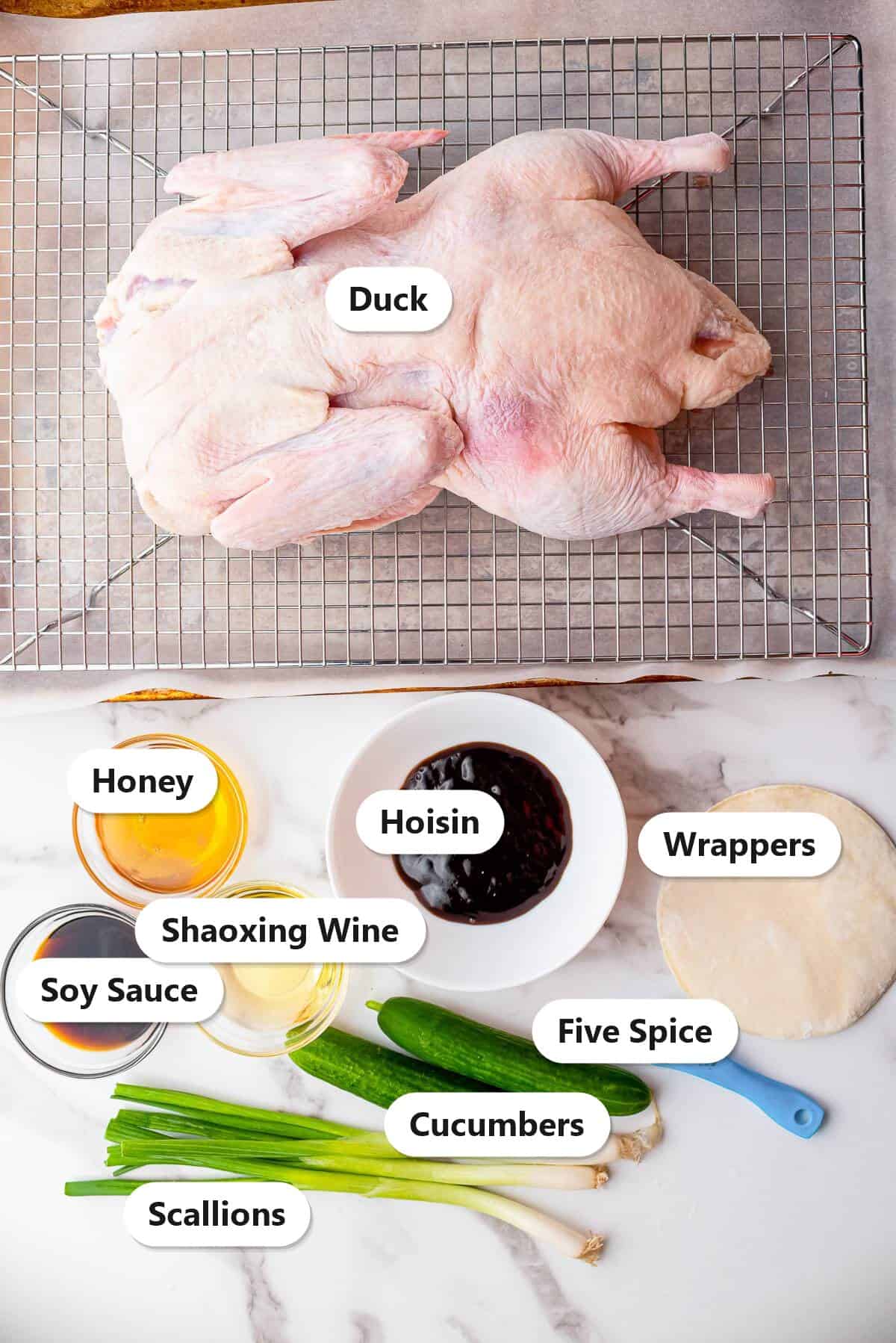 Labeled ingredients for Peking duck: duck, honey, hoisin, wrappers, soy sauce, Shaoxing wine, five spice, cucumbers, and scallions.