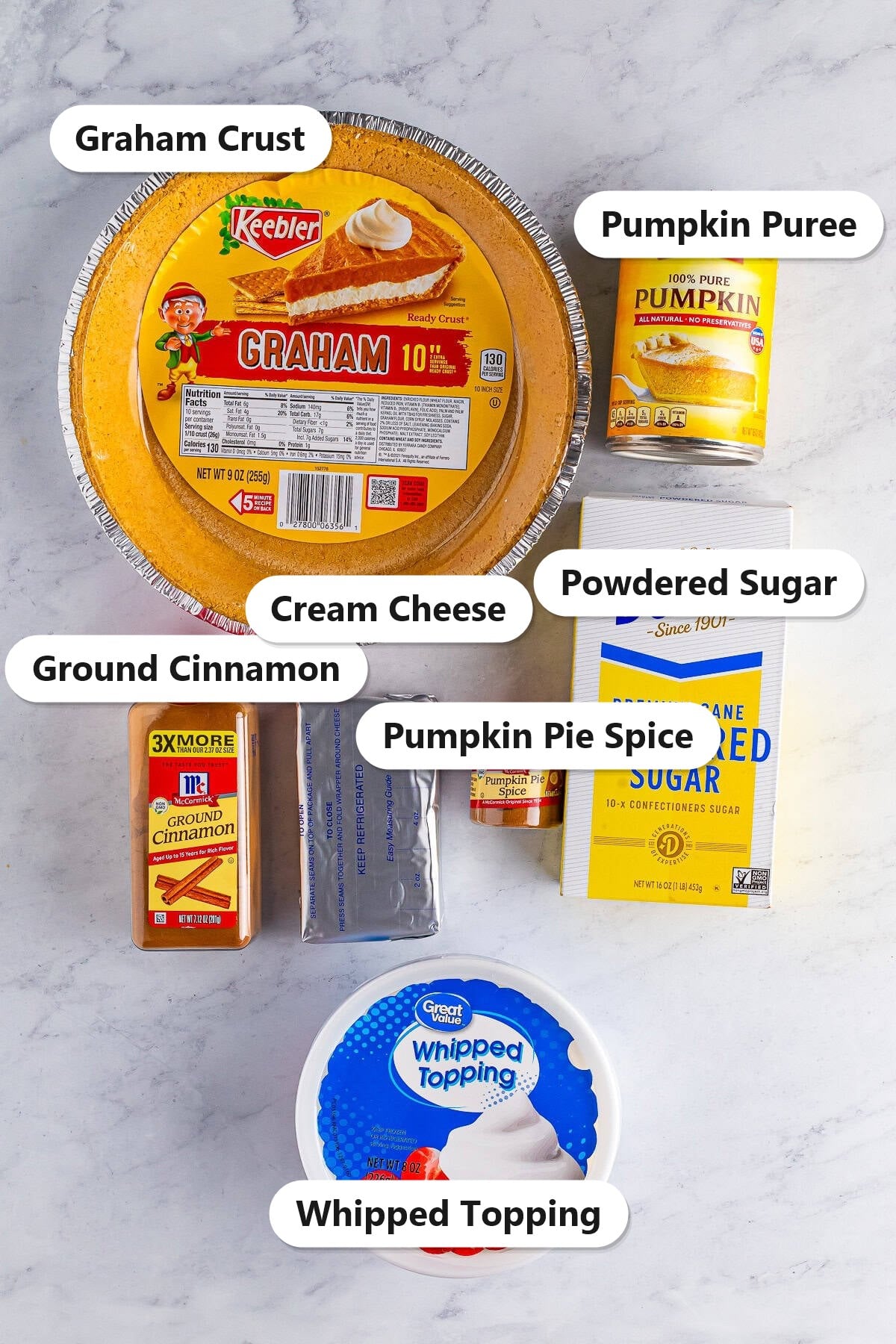 Labeled ingredients for no bake pumpkin cheesecake including cream cheese, powdered sugar, pumpkin puree, pumpkin pie spice, cinnamon, whipped topping, and a graham cracker crust.