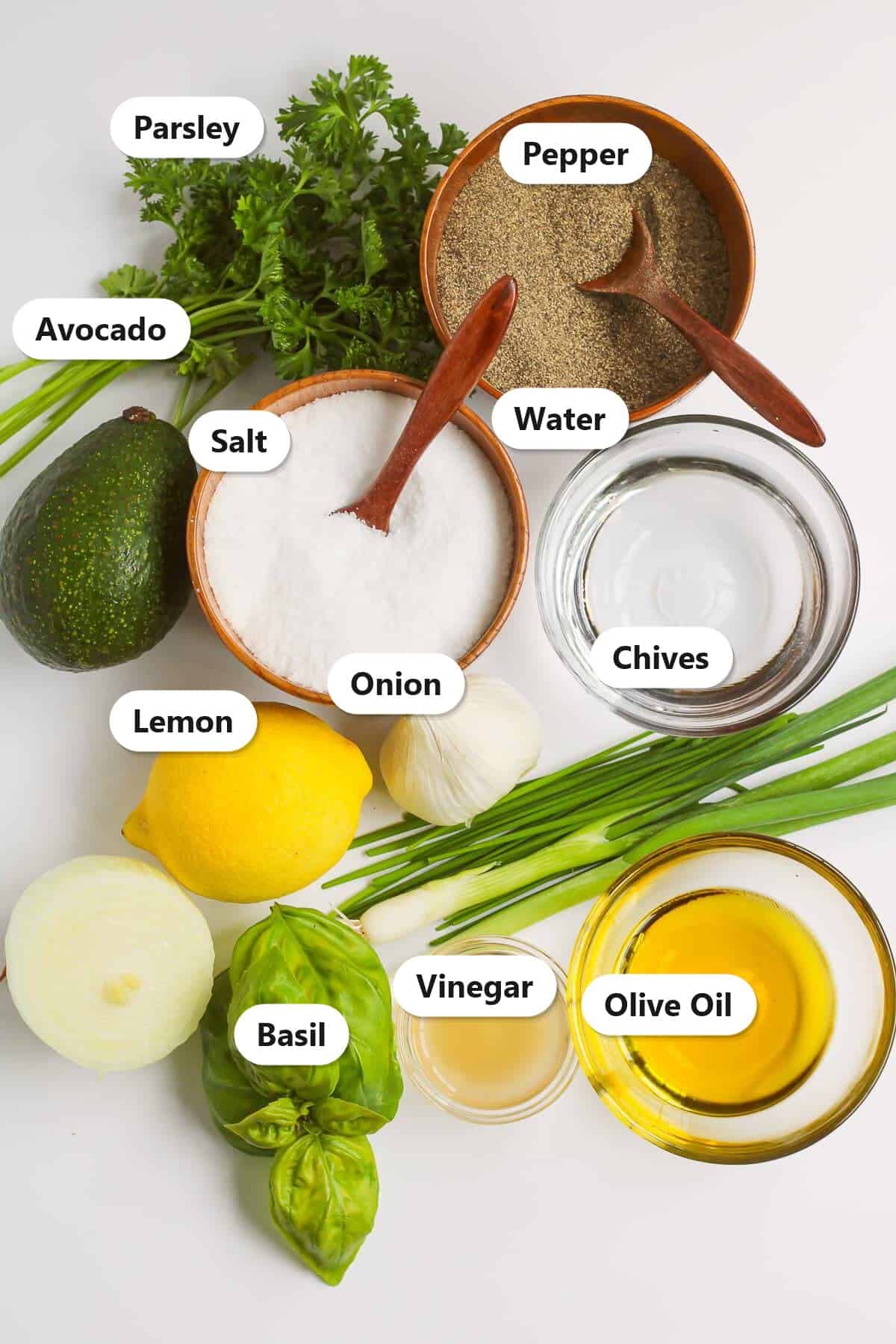 Labeled ingredients for copycat Trader Joe's green goddess dressing including avocado, herbs, lemon, and olive oil.