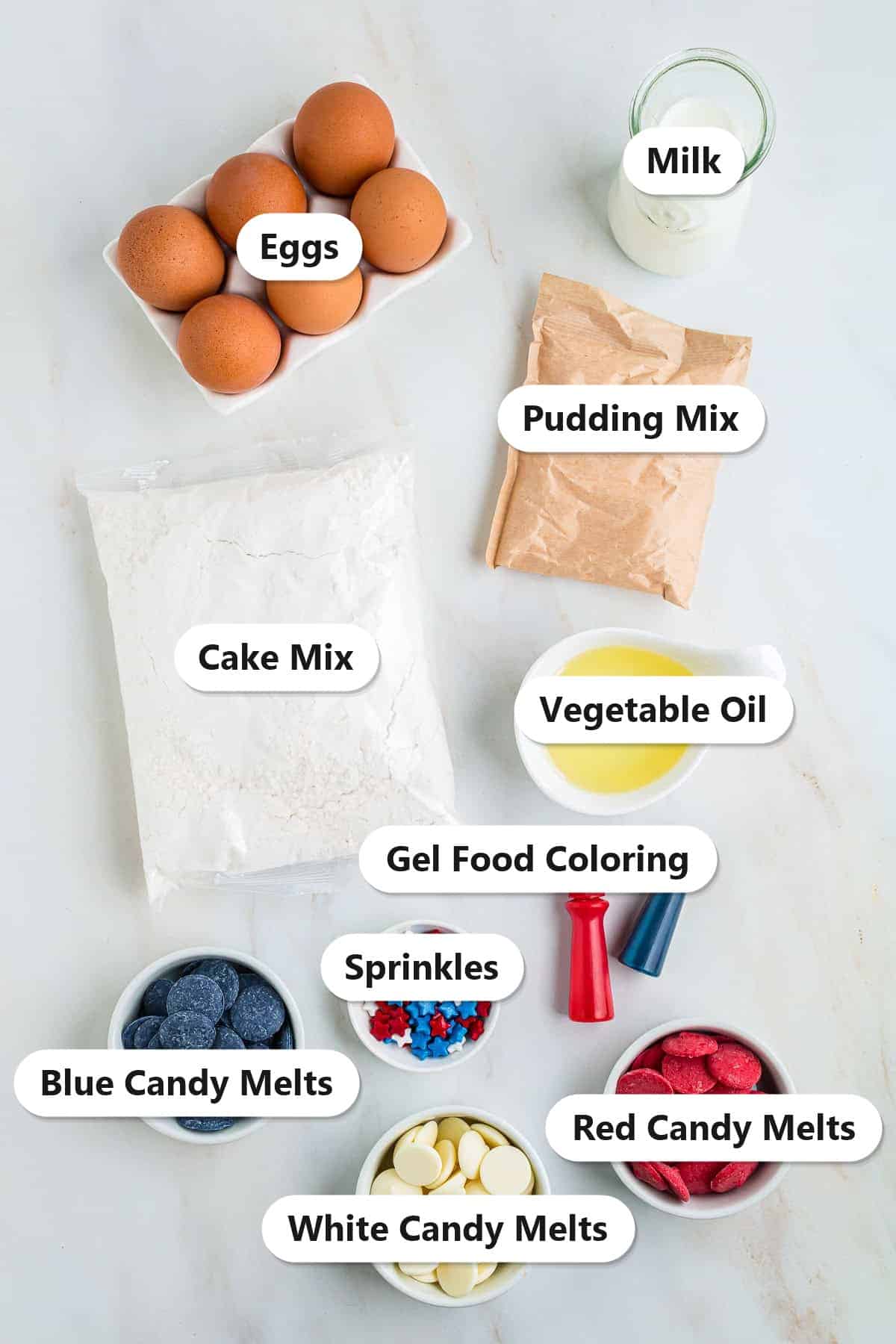 Labeled ingredients needed to make a 4th of July Cake.