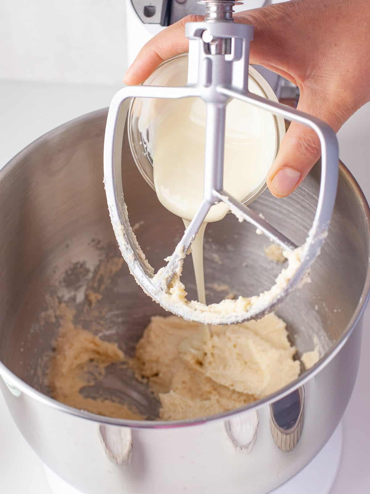 Cupcake batter mixed in a stand mixer for 4th of July cupcakes.