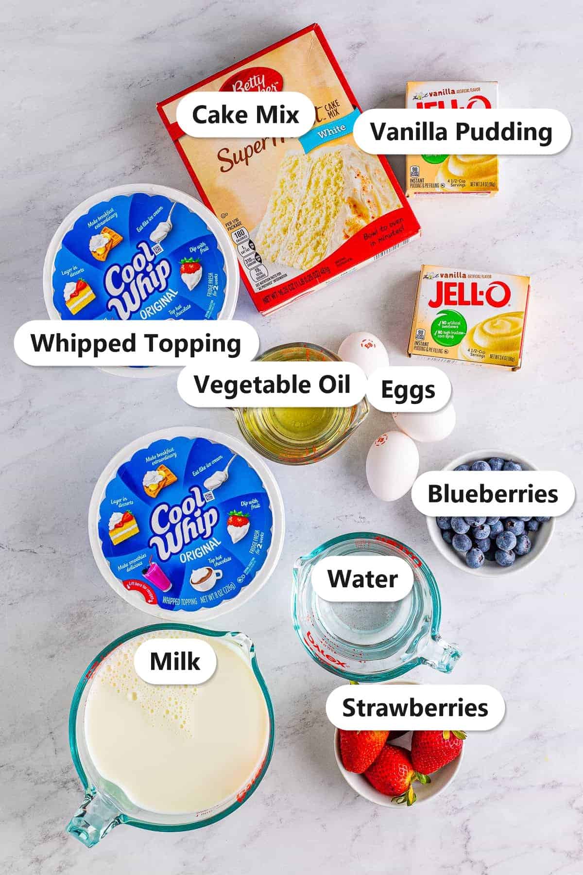 Labeled ingredients needed to make a 4th of July Trifle.