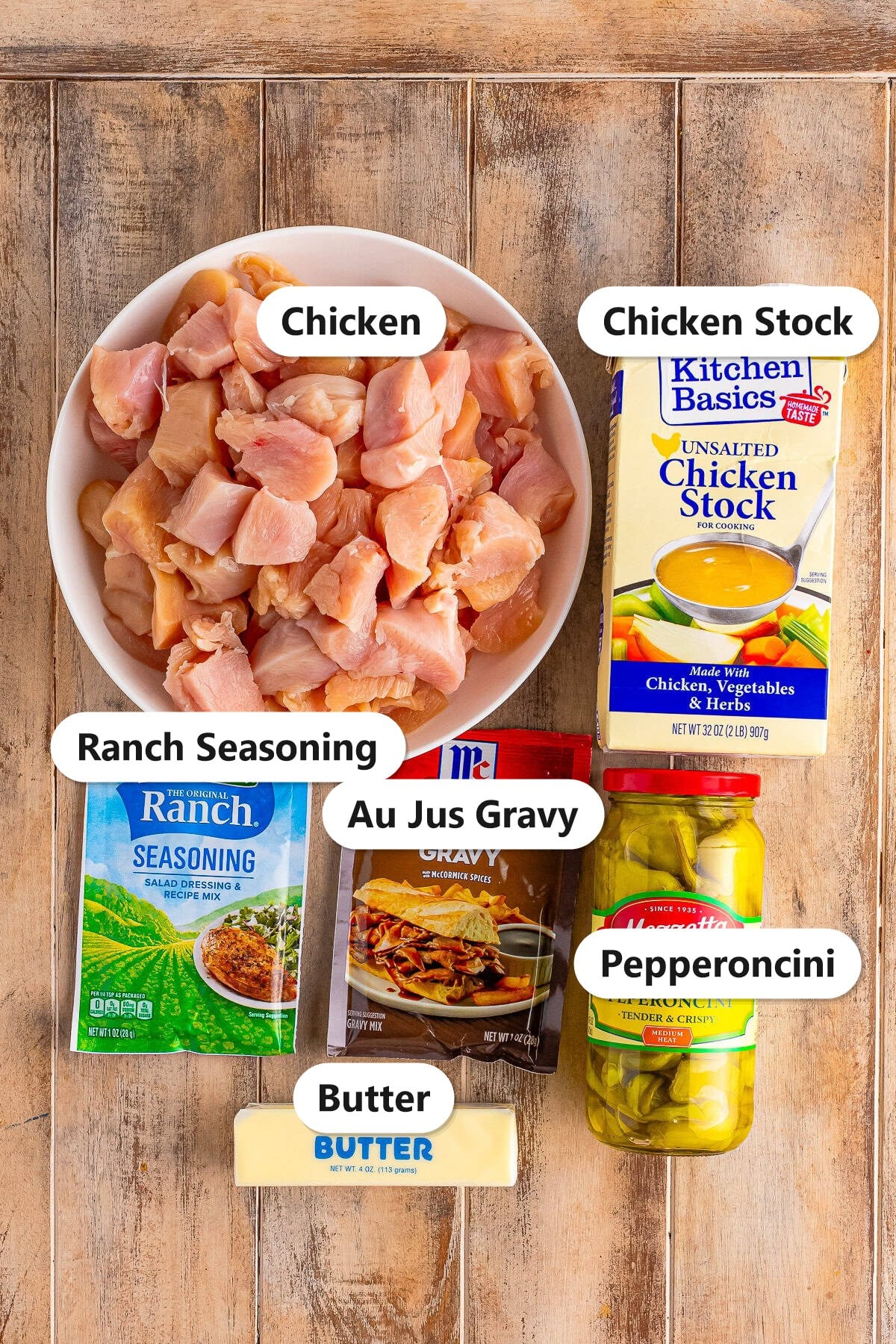 Labeled ingredients for slow cooker Mississippi chicken bites including chicken, chicken stock, ranch seasoning, au jus gravy mix, pepperoncini, and butter.