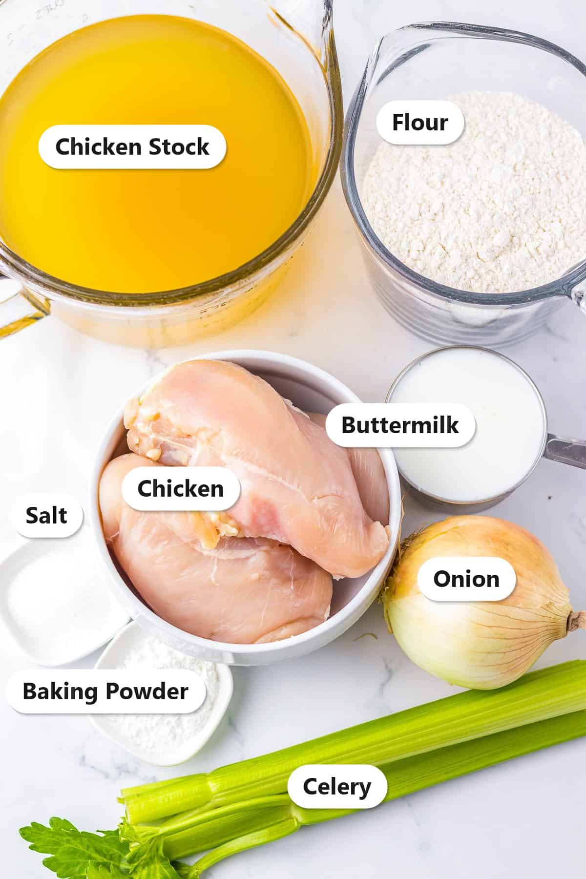 Labeled ingredients for Cracker Barrel chicken and dumplings: chicken stock, flour, chicken, buttermilk, onion, celery, salt, and baking powder.